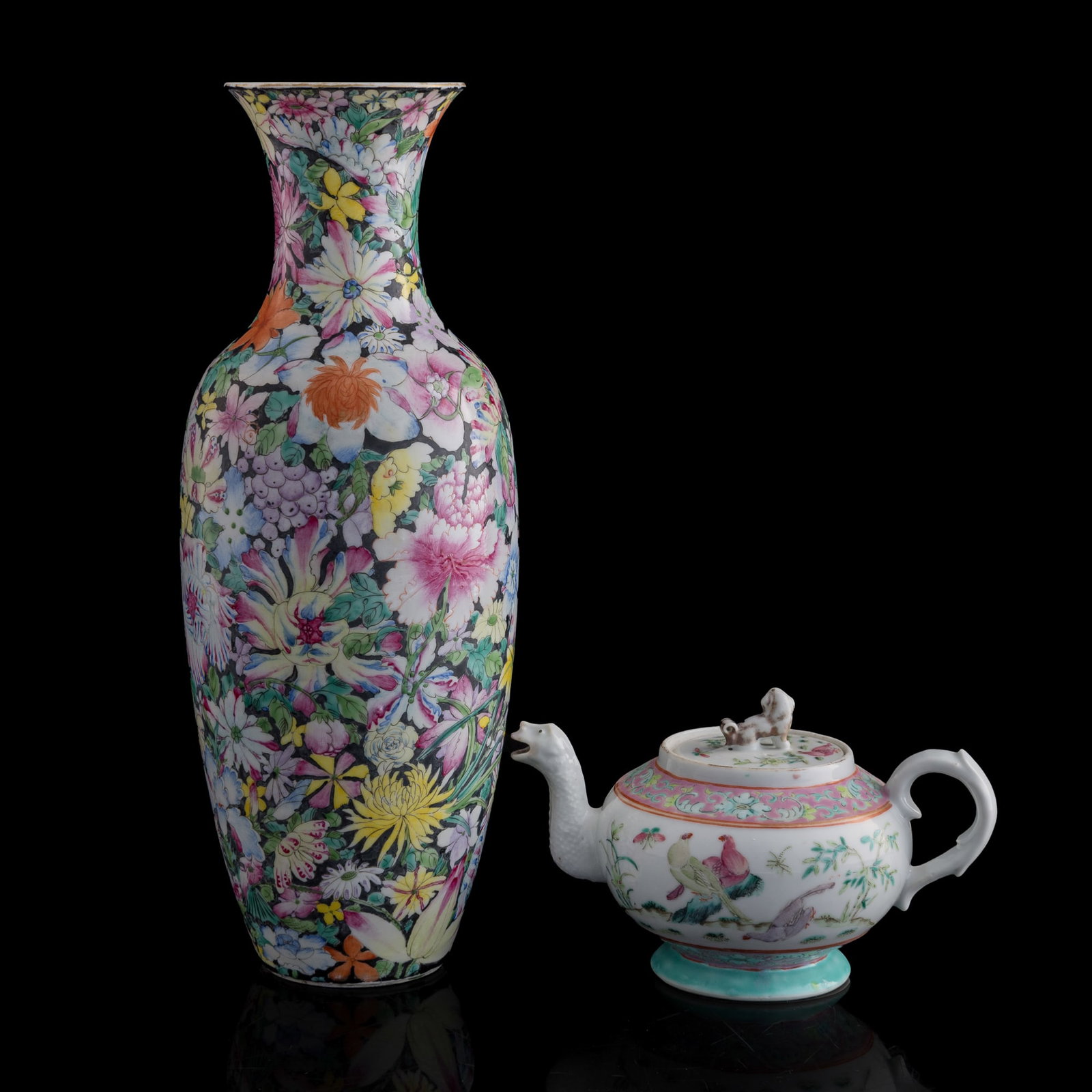 A Chinese famille rose vase and teapot, Republic period: A Chinese famille rose vase and teapot Republic period Vase with four-character mark to underside, teapot with six-character mark to underside. (2). H: 13, Dia: 5 in. (H: 33, Dia: 12.7 cm. (vase)) Pri