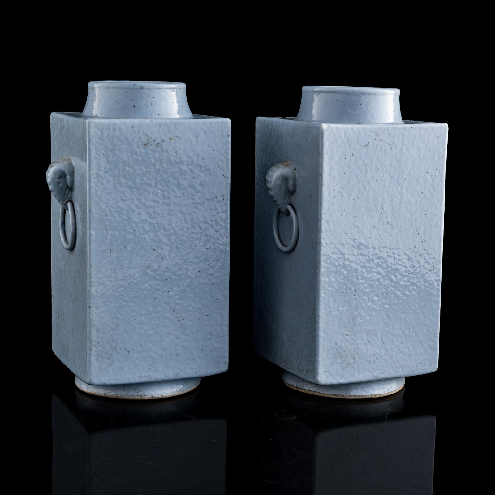 A pair of Chinese clair-de-lune vases with elephant-head handles, Republic period: A pair of Chinese clair-de-lune vases with elephant-head handles Republic period Each with six-character mark to underside. (2). H: 11 3/4, W: 7, D: 5 3/8 in. (H: 29.8, W: 17.8, D: 13.7 cm. (tallest))