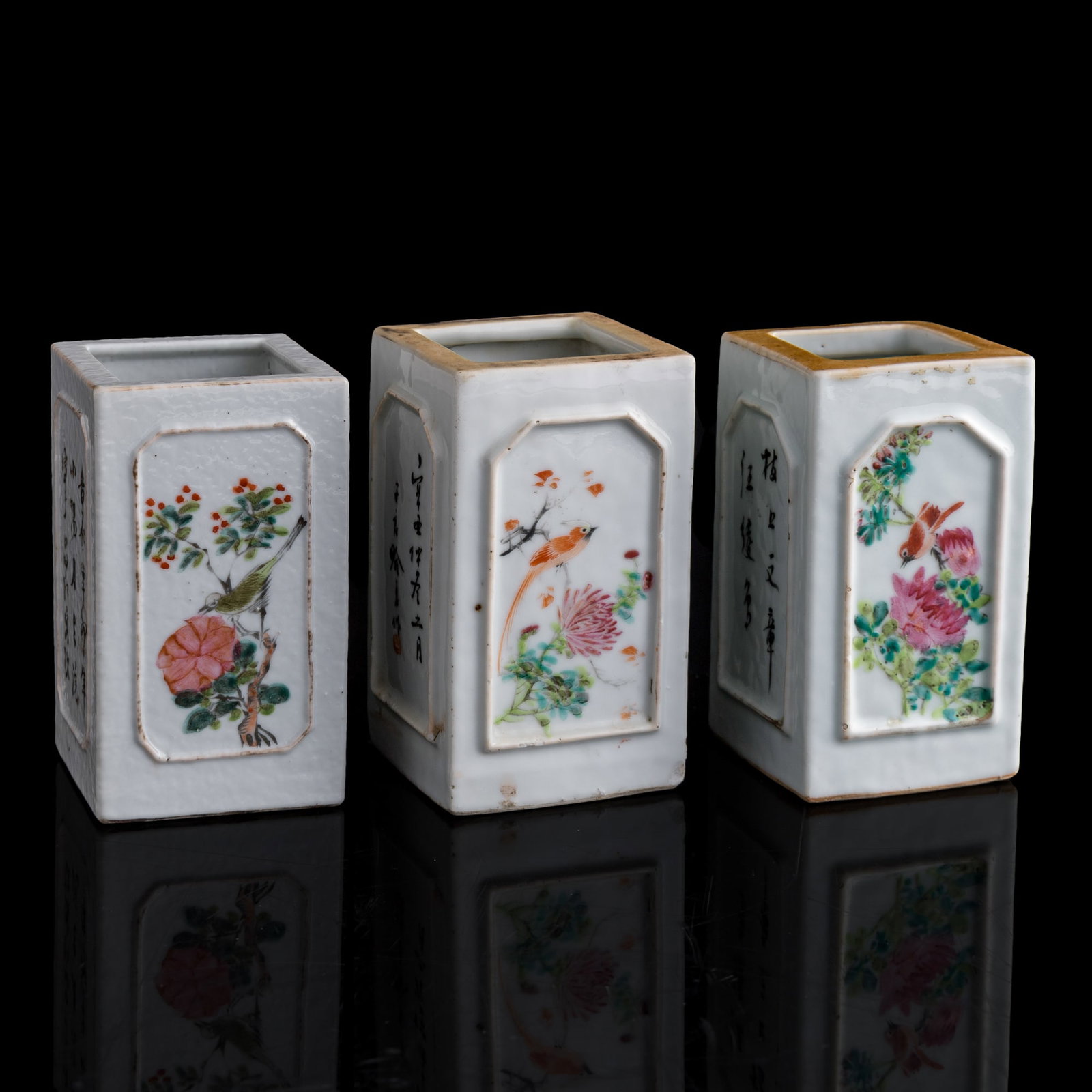 Three Chinese Qianjiang-enamel brushpots, Qing dynasty/Republic period: Three Chinese Qianjiang-enamel brushpots Qing dynasty/Republic period Each with four-character mark to underside. (3). H: 4 3/4, W: 2 7/8, D: 2 7/8 in. (H: 12.1, W: 7.3, D: 7.3 cm. (tallest)) Private 