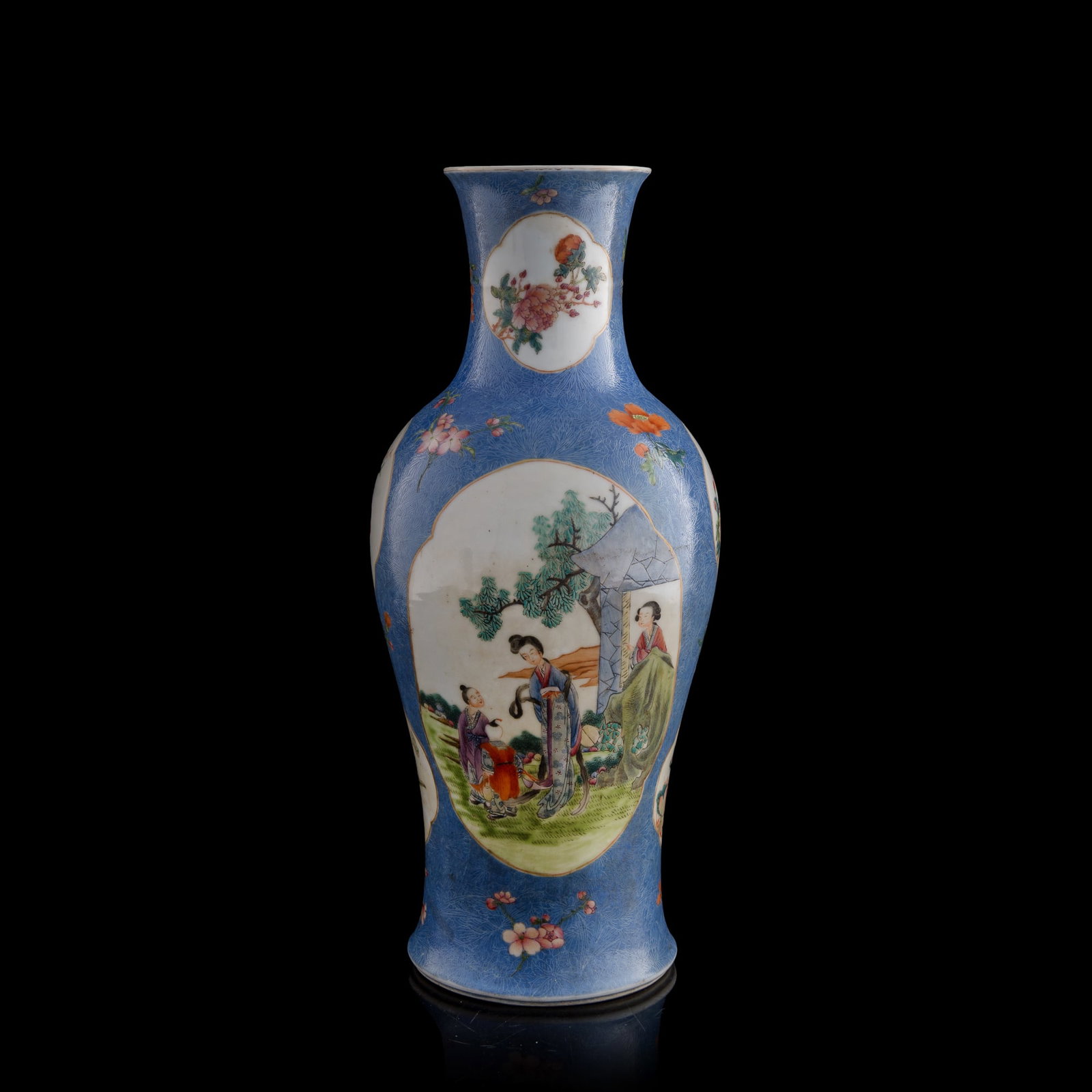 A Chinese blue-ground famille rose sgraffito Guanyin vase, Republic period: A Chinese blue-ground famille rose sgraffito Guanyin vase Republic period With six-character mark to underside. H: 17 3/4, Dia: 7 5/8 in. (H: 45.1, Dia: 19.4 cm.) Private collection, San Francisco, Ca