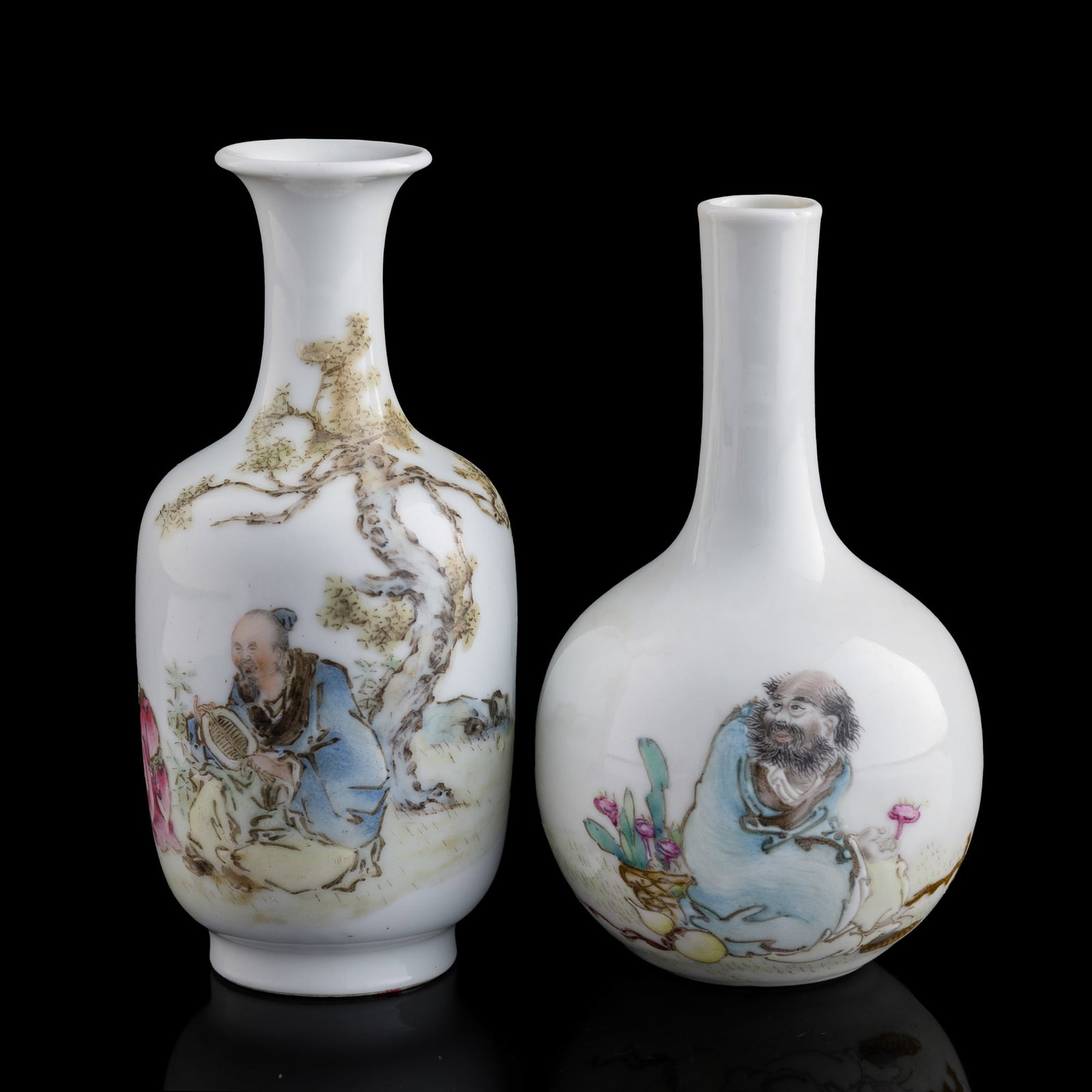 Two small Chinese famille rose 'figural' vases, Republic period: Two small Chinese famille rose 'figural' vases Republic period One painted with a scholar and attendant brewing tea beneath pine trees, also with two-character mark to underside; the other with a scho