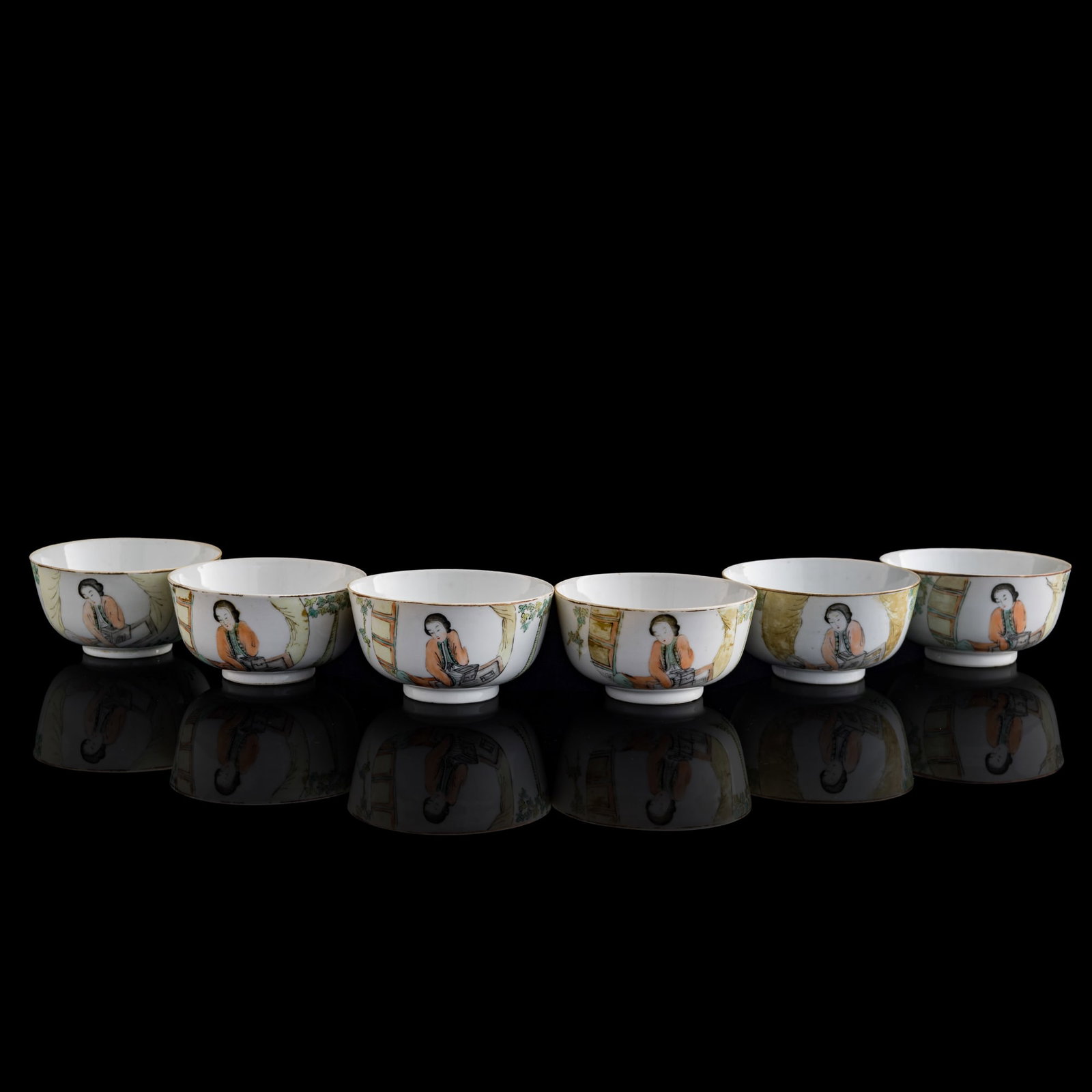 Six Chinese Qianjiang-enamel 'court lady' bowls, late 19th century (1 of 10)