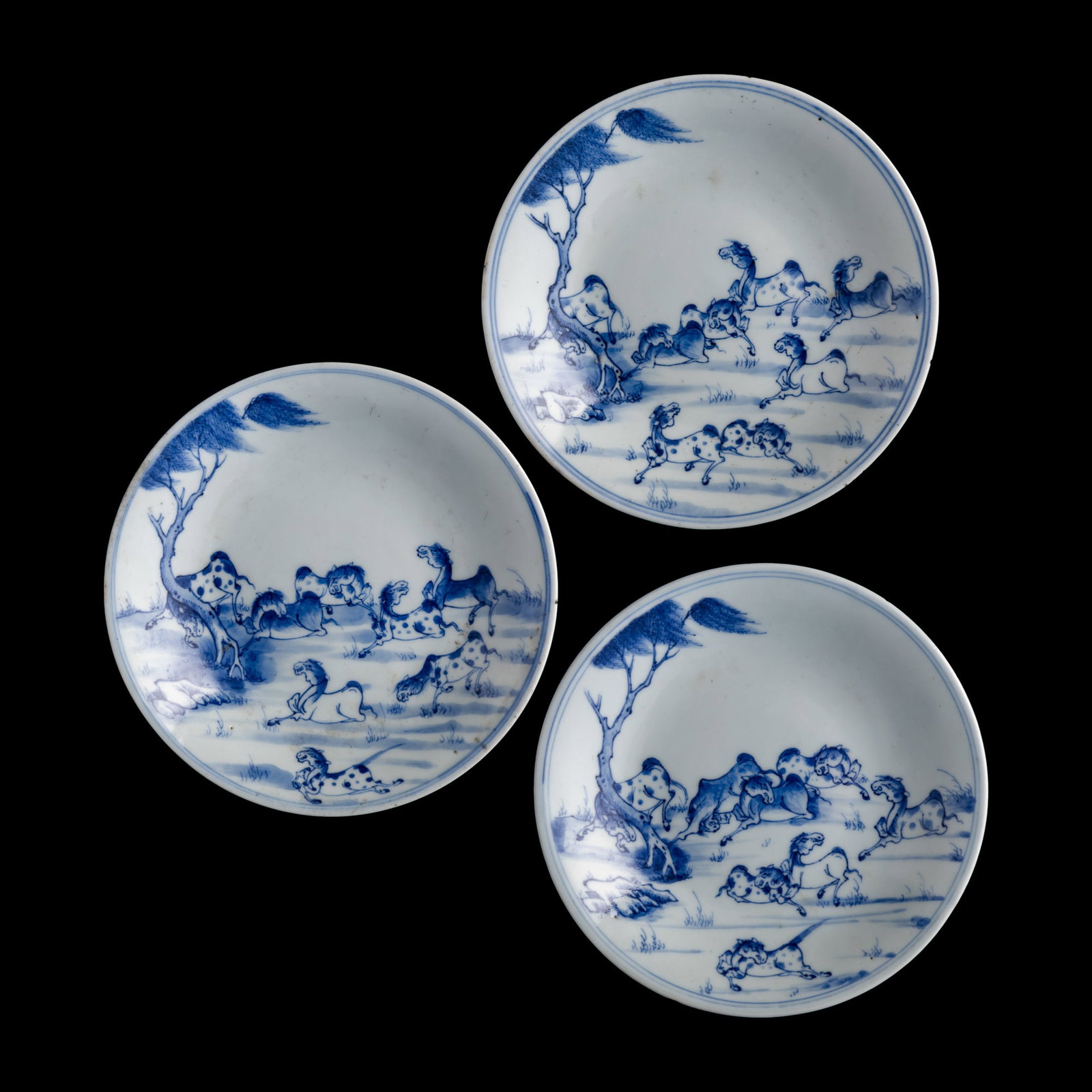 Three Chinese blue and white 'eight horses' dishes, 19th century (1 of 10)