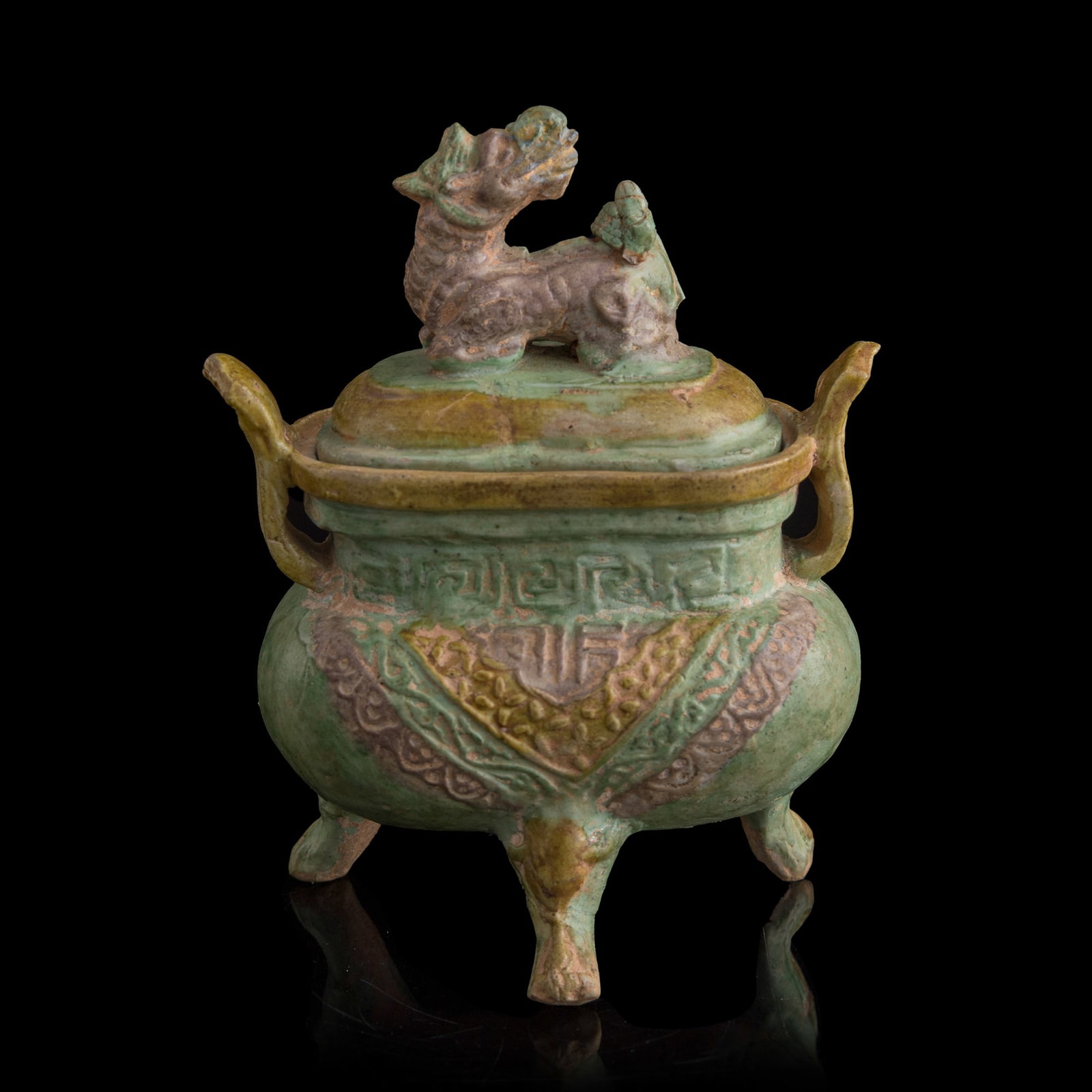 A Chinese sancai covered censer, Ming dynasty or earlier: A Chinese sancai covered censer Ming dynasty or earlier H: 5 3/4, W: 4 3/8, D: 3 in. (H: 14.6, W: 11.1, D: 7.6 cm.) Private collection, Gaithersburg, Maryland.