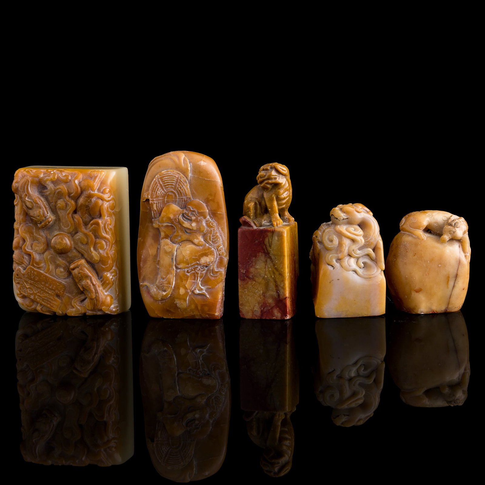 Five Chinese Shoushan stone seals, Qing dynasty/Republic period (1 of 9)