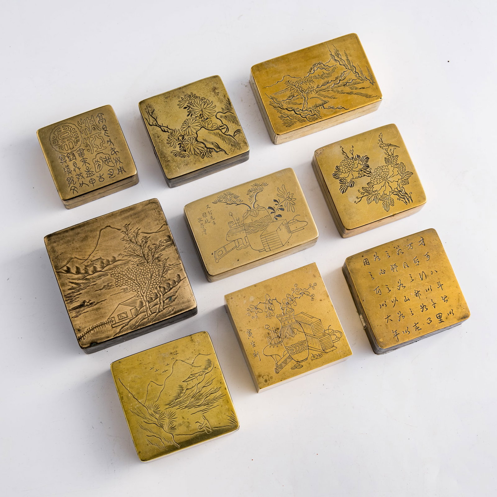 Nine Chinese copper-alloy ink boxes, Qing dynasty/Republic period (1 of 6)