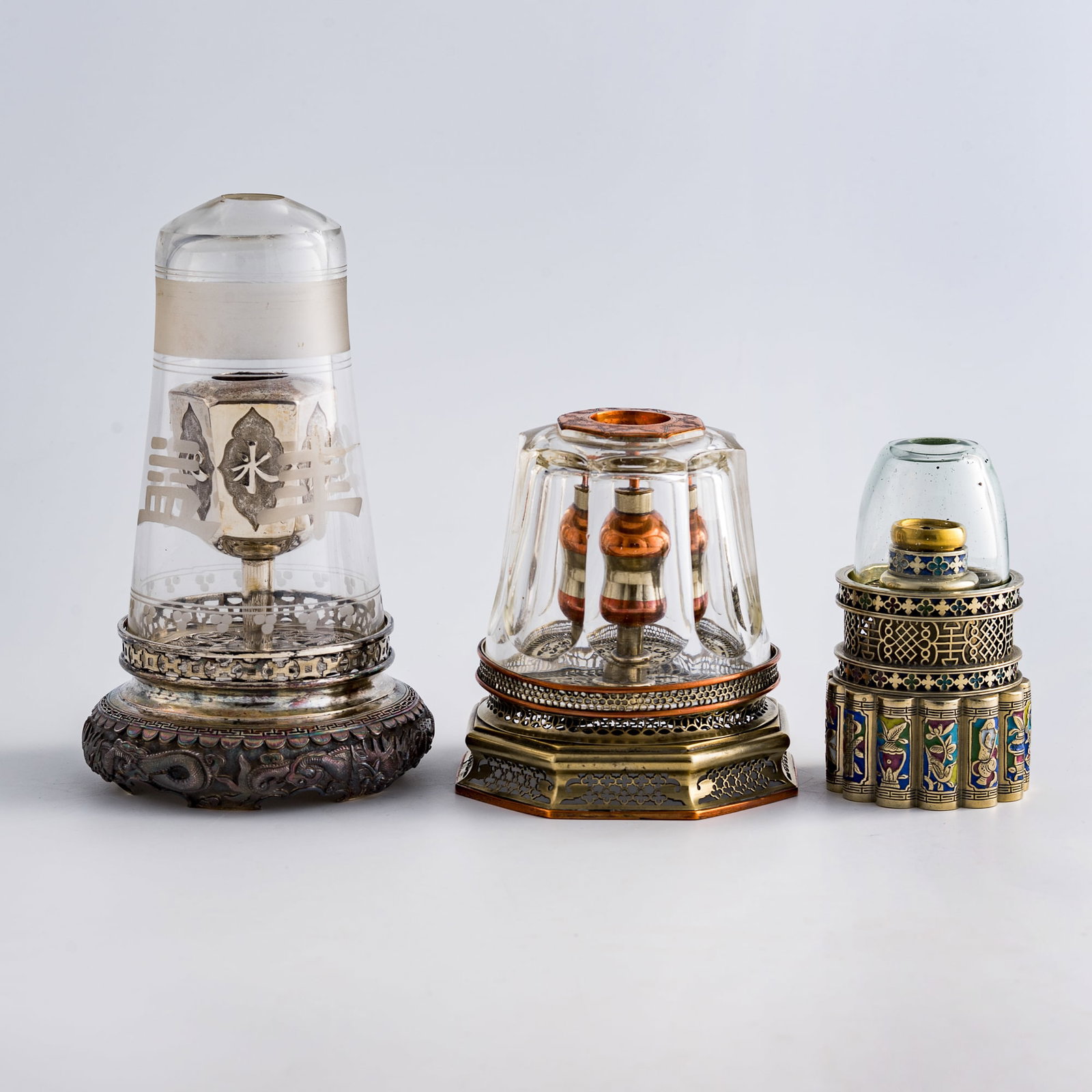 Two Chinese paktong opium lamps and a desk lamp, Qing dynasty/Republic period (1 of 12)