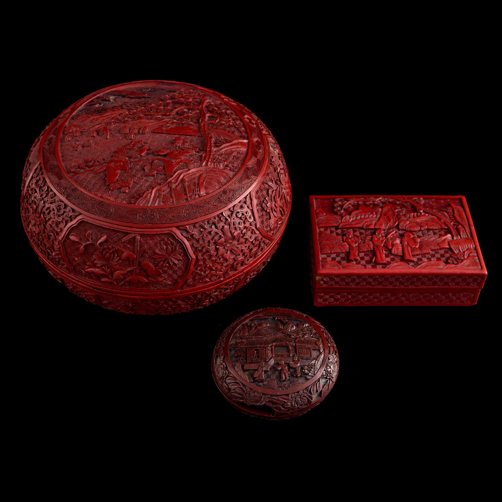 Three Chinese cinnabar lacquer covered boxes, 19th century (1 of 9)
