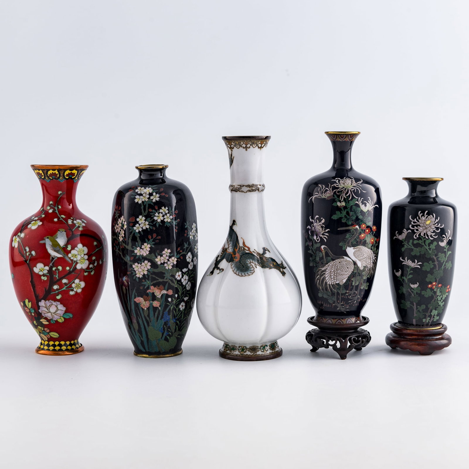 Five Japanese cloisonne enamel vases, Meiji period (1 of 10)