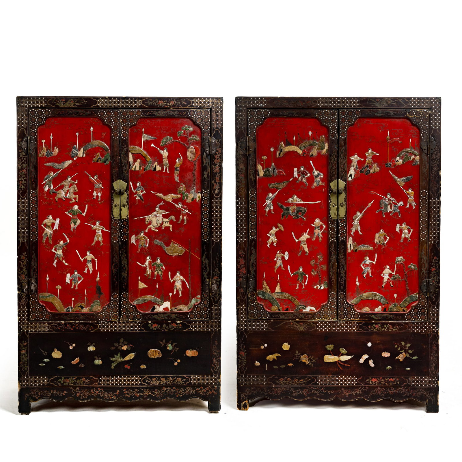 A pair of Chinese hardstone-inlaid 'warrior' lacquer cabinets, 18th century (1 of 14)