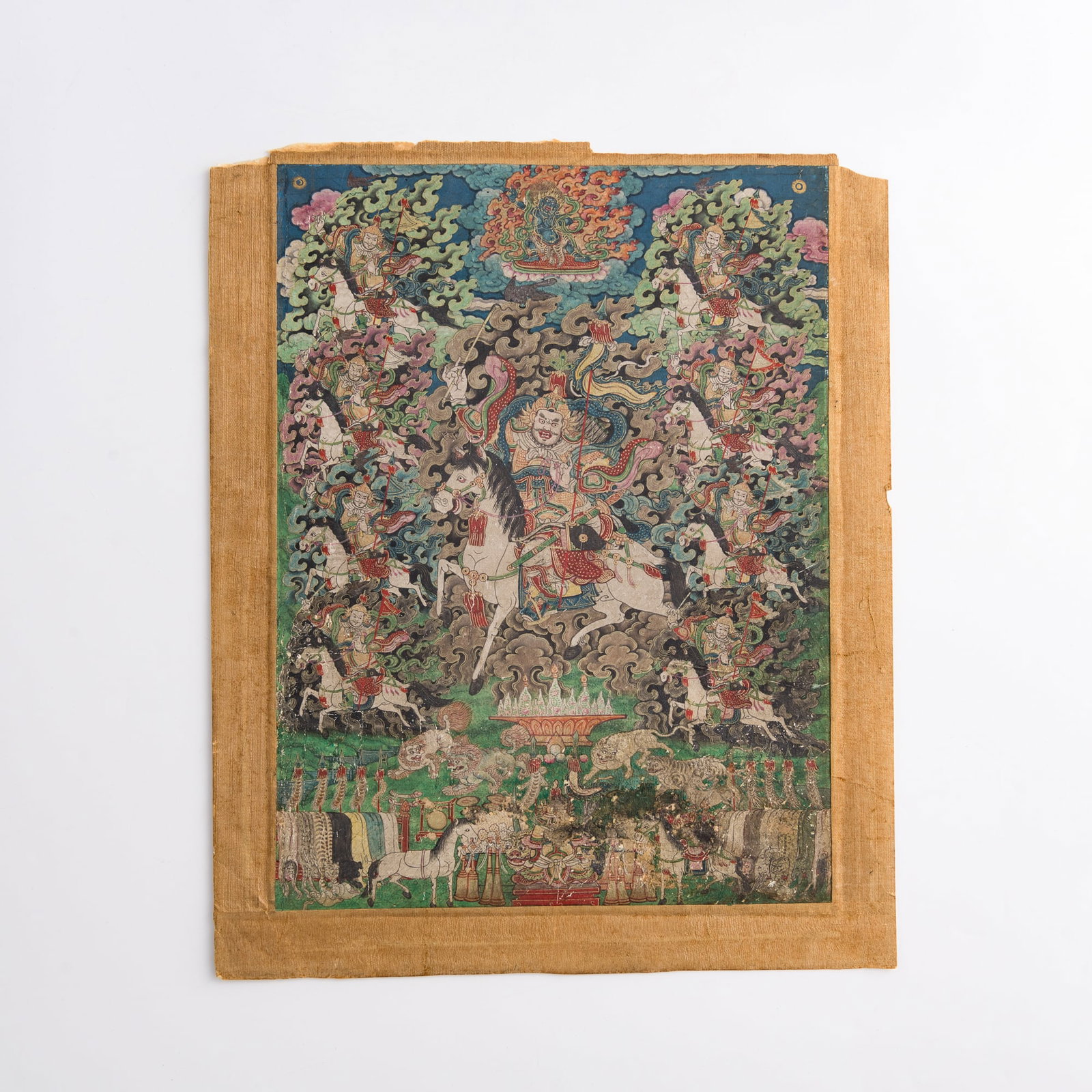 A thangka depicting the Eight Horses and the God of Wealth, 18th century: A thangka depicting the Eight Horses and the God of Wealth 18th century Sight dimensions: H: 10 1/4, W: 7 5/8 in. (H: 26, W: 19.4 cm.) From Mrs. Wolf, San Pedro, California.