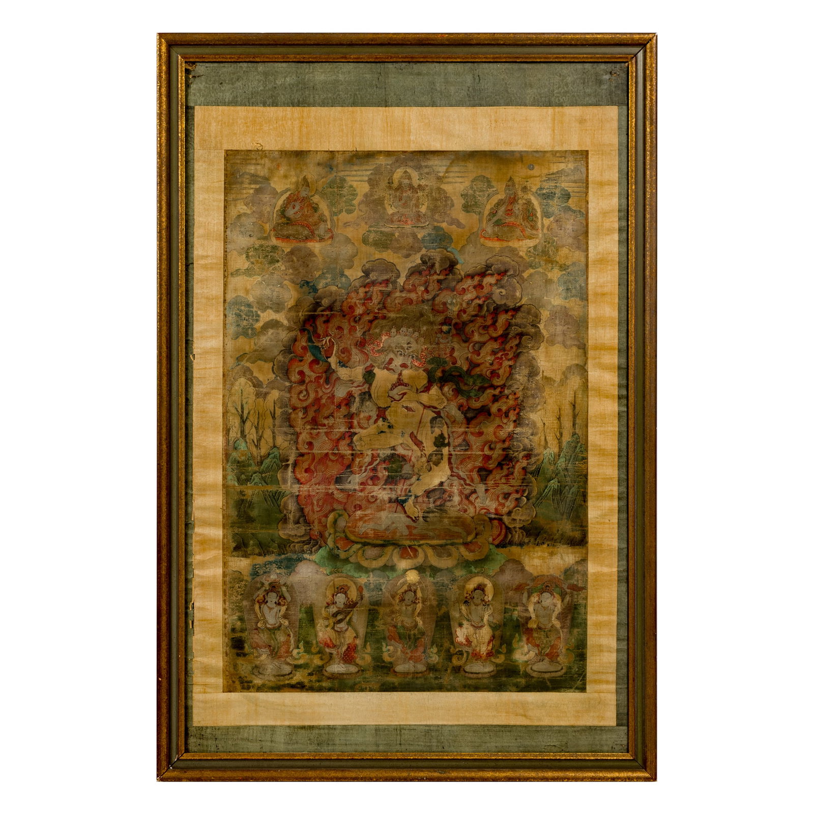 A thangka of two-bodied wrathful god, 18th century: A thangka of two-bodied wrathful god 18th century framed. Sight dimensions: H: 29 1/4, W: 19 3/4 in. (H: 74.3, W: 50.2 cm.) Overall dimensions: H: 40 3/4, W: 27 1/4 in. (H: 103.5, W: 69.2 cm.) From Mr