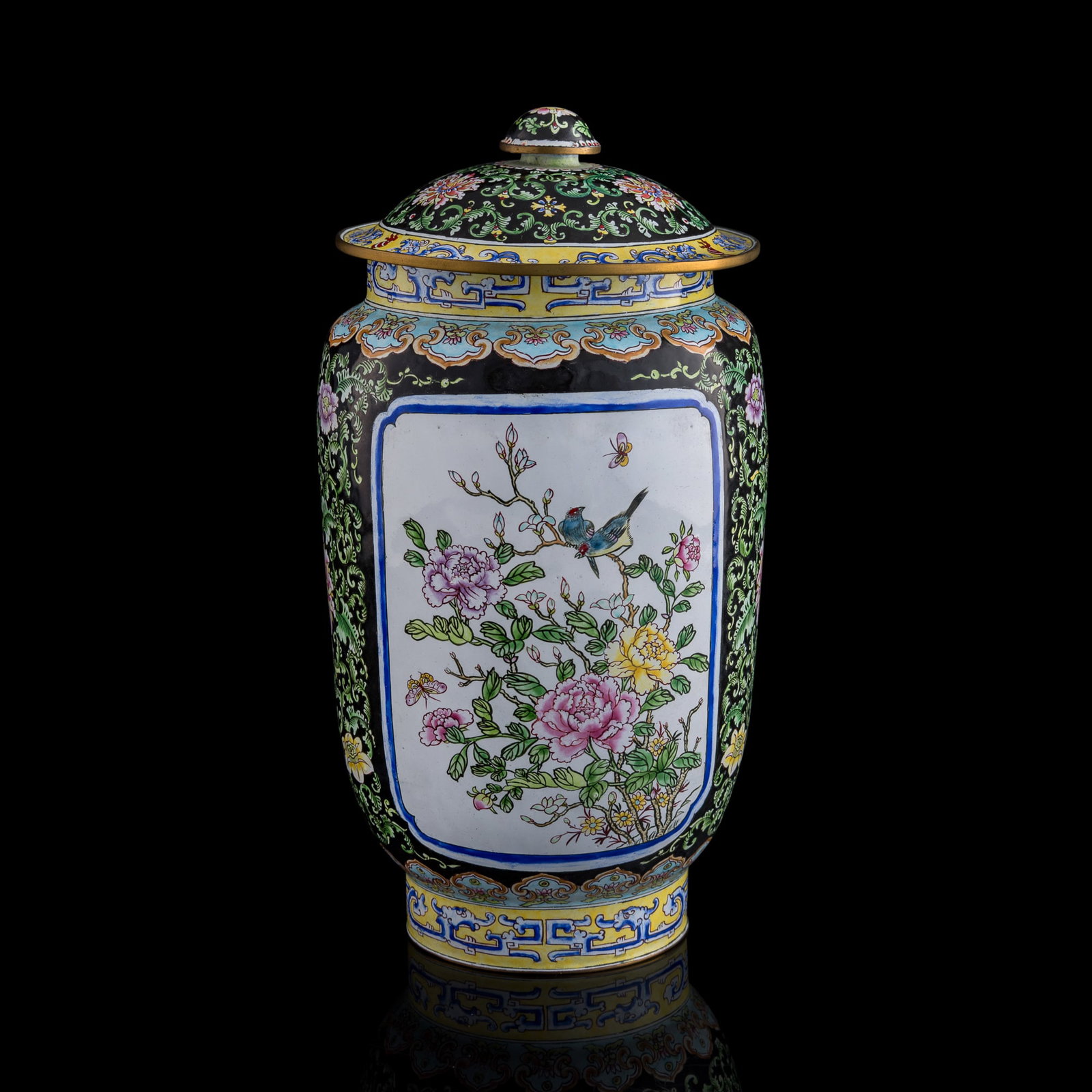 A Chinese painted enamel 'flower and bird' cylindrical jar, Republic period (1 of 8)