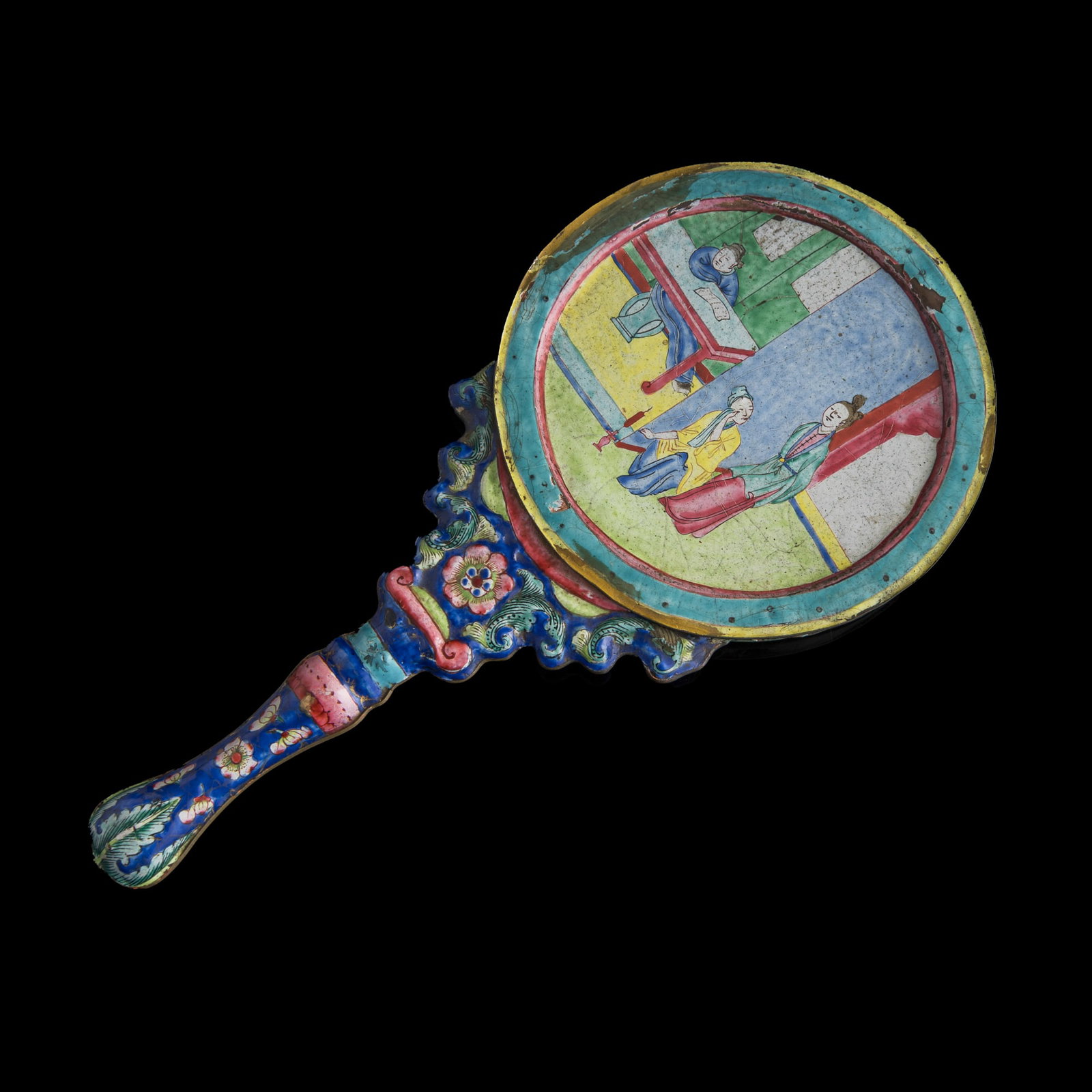A Chinese painted enamel handheld mirror, early 19th century: A Chinese painted enamel handheld mirror early 19th century H: 13, W: 6 3/8, D: 3/4 in. (H: 33, W: 16.2, D: 1.9 cm.) Private collection, New York. Click her