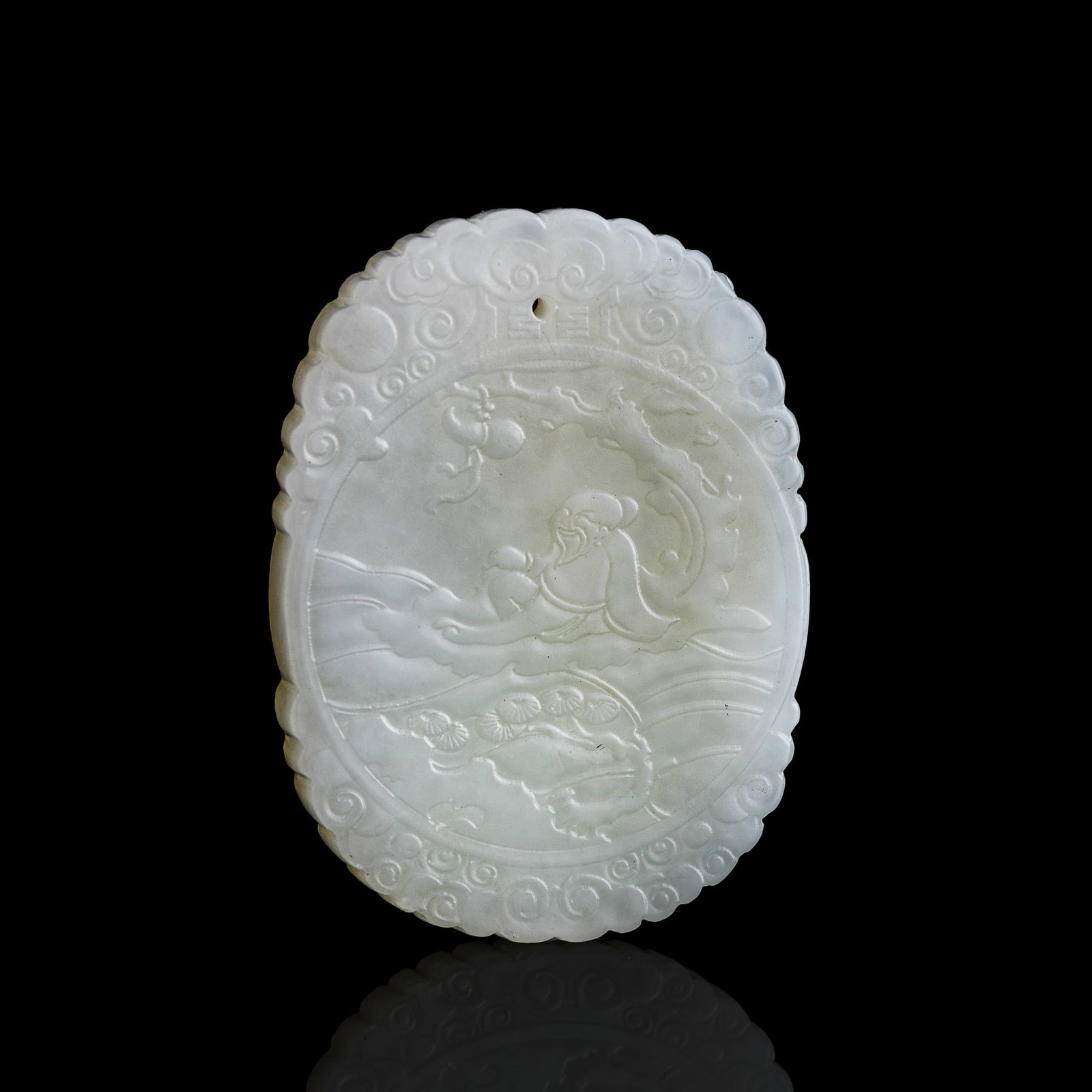 A Chinese archaistic white jade 'inscription' and 'cloud scroll' plaque (1 of 6)