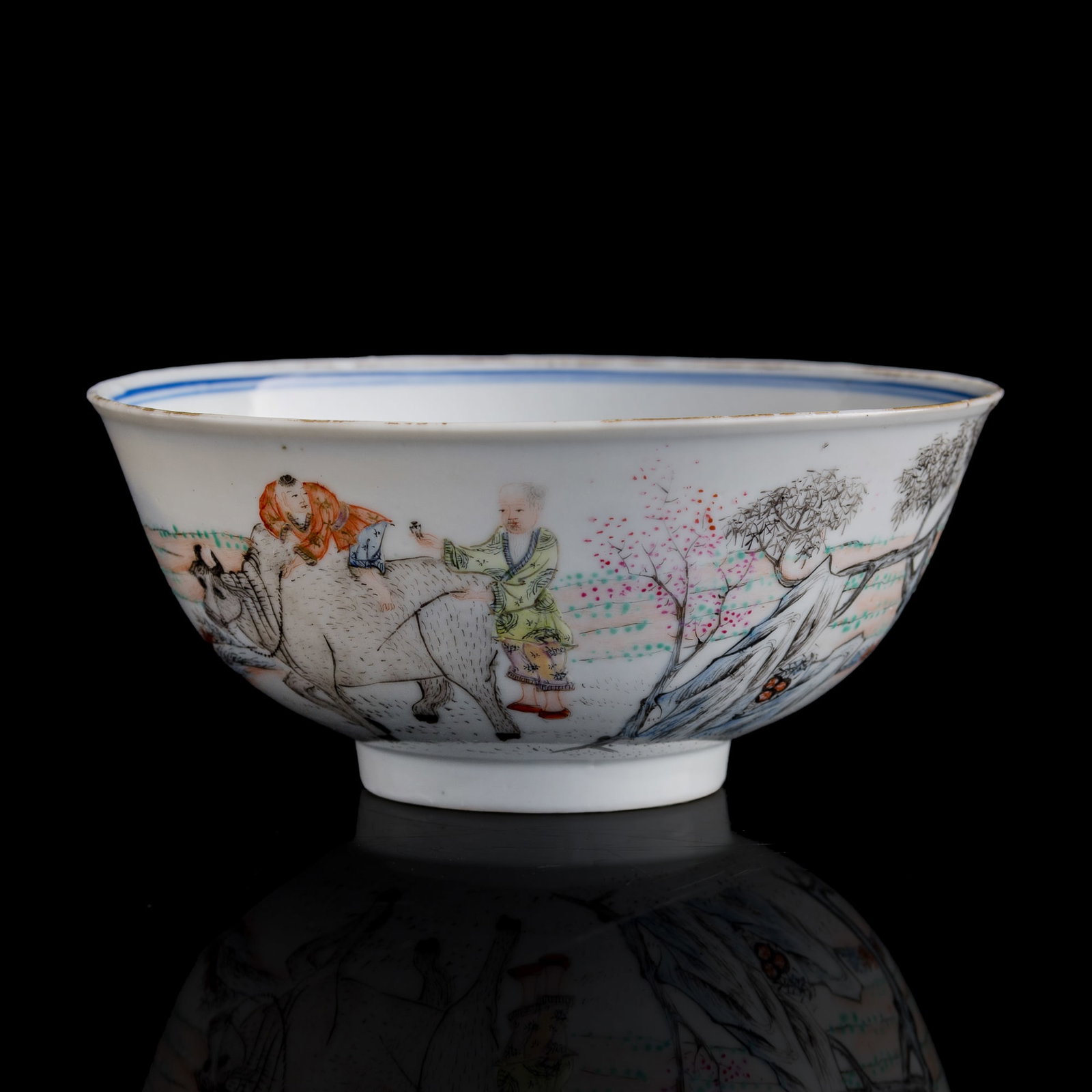 A Chinese blue and famille rose 'Cowherd and Weaver Girl' bowl, Republic period: A Chinese blue and famille rose 'Cowherd and Weaver Girl' bowl Republic period With six-character mark to underside. H: 2 1/2, Dia: 5 7/8 in. (H: 6.4, Dia: 14.9 cm.) Private collection, Green Bay, Wis