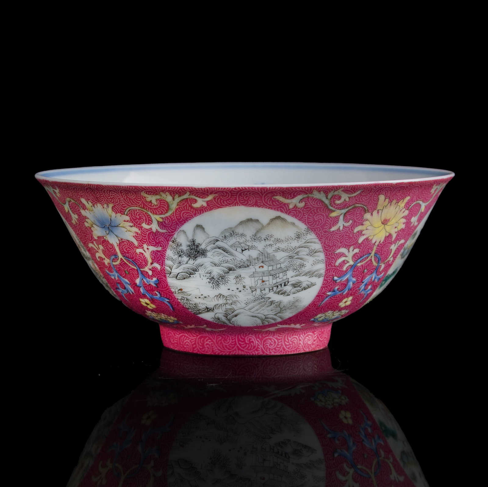 A Chinese ruby-red-ground famille rose sgraffito 'landscape' bowl, Guangxu period, Qing dynasty (1 of 11)