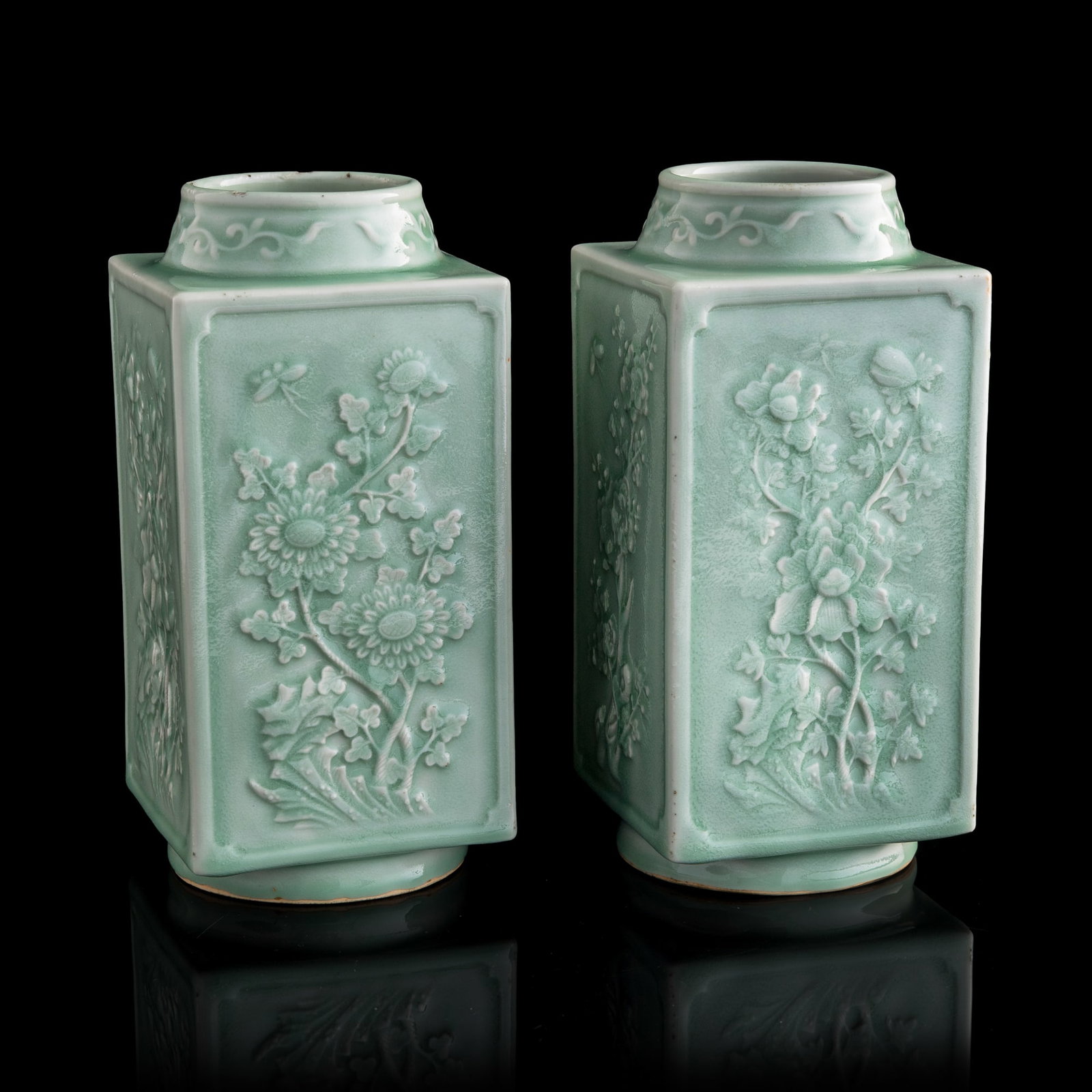 A pair of Chinese celadon 'flower and bird' cong-form vases, Republic period (1 of 10)