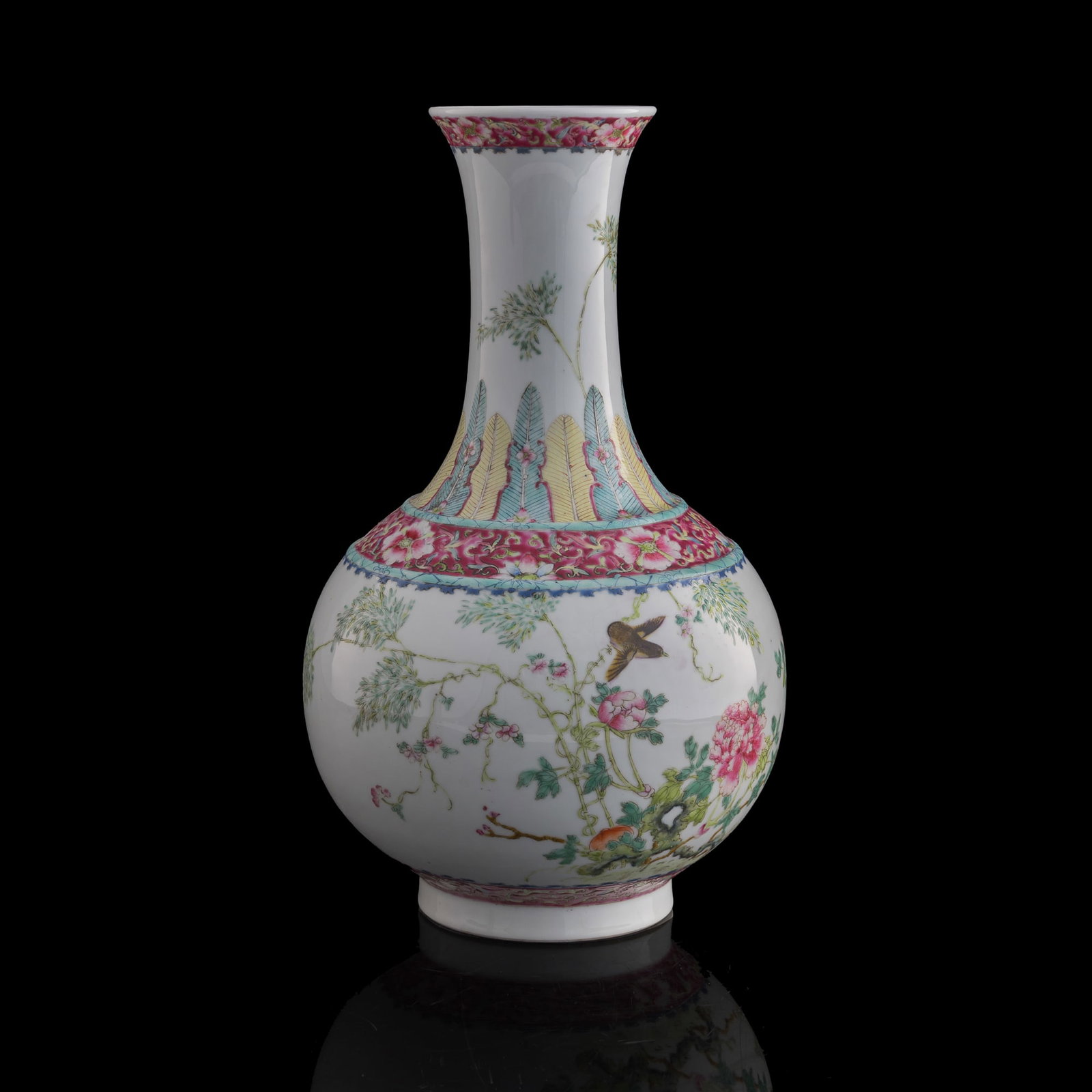 A Chinese famille rose 'flower and bird' shang vase, Republic period: A Chinese famille rose 'flower and bird' shang vase Republic period With four-character mark to underside. H: 16, Dia: 8 3/4 in. (H: 40.7, Dia: 22.2 cm.) Private collection, New York.