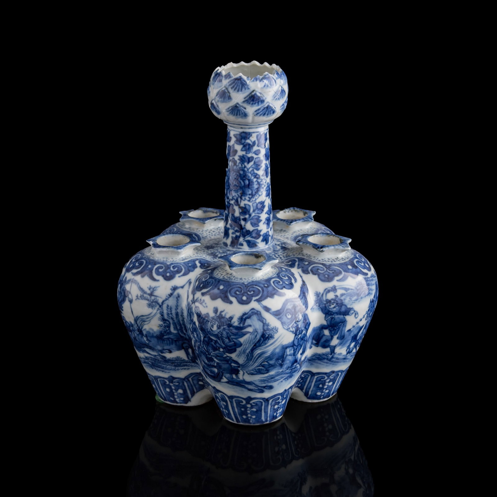 A Chinese blue and white Tulipiere vase, 19th century: A Chinese blue and white Tulipiere vase 19th century H: 9 3/4, W: 7 3/8, D: 7 3/8 in. (H: 24.8, W: 18.7, D: 18.7 cm.) Private collection, Dallas, Texas. Cli