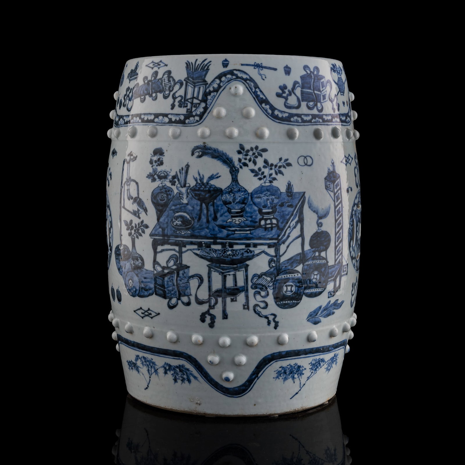 A Chinese blue and white 'hundred antiques' drum-form garden stool, 19th century (1 of 7)