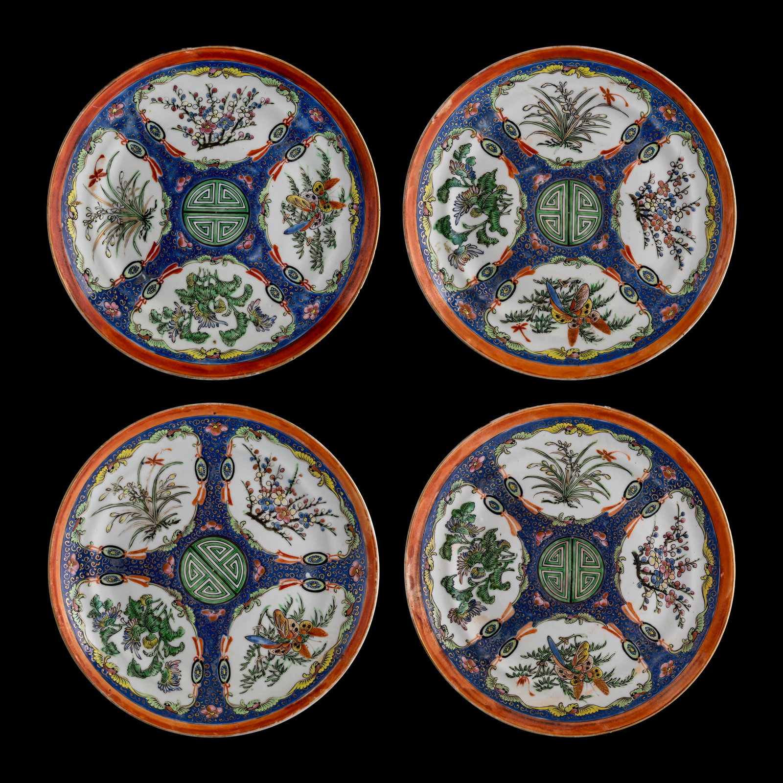 Four Chinese Canton famille rose 'flower' and 'shou' plates, 19th century: Four Chinese Canton famille rose 'flower' and 'shou' plates 19th century H: 1, Dia: 8 3/8 in. (H: 2.5, Dia: 21.3 cm. (each)) Private collection, Leesburg, Virginia.