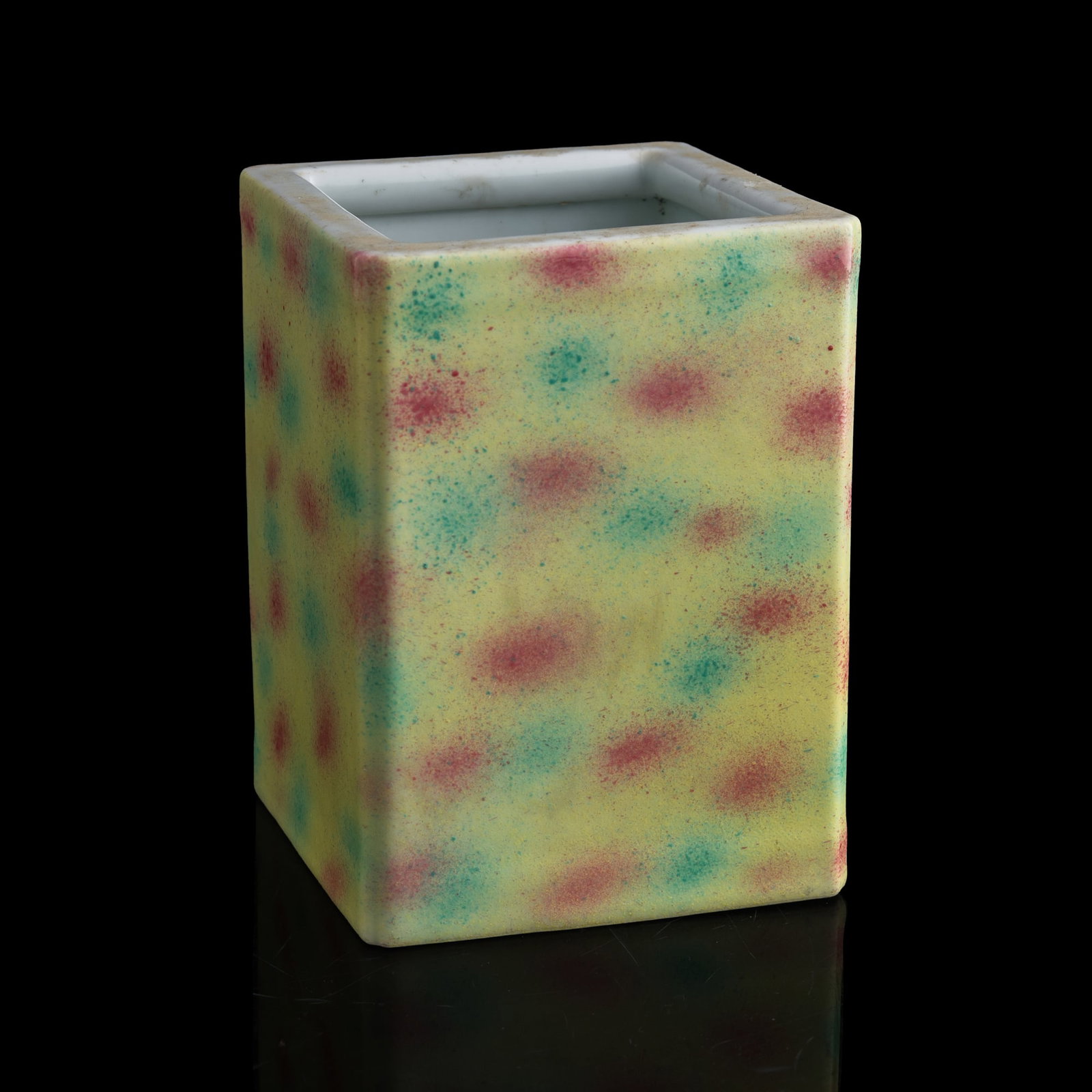 A Chinese yellow-ground sprayed-glaze square brush pot, Republic period (1 of 7)