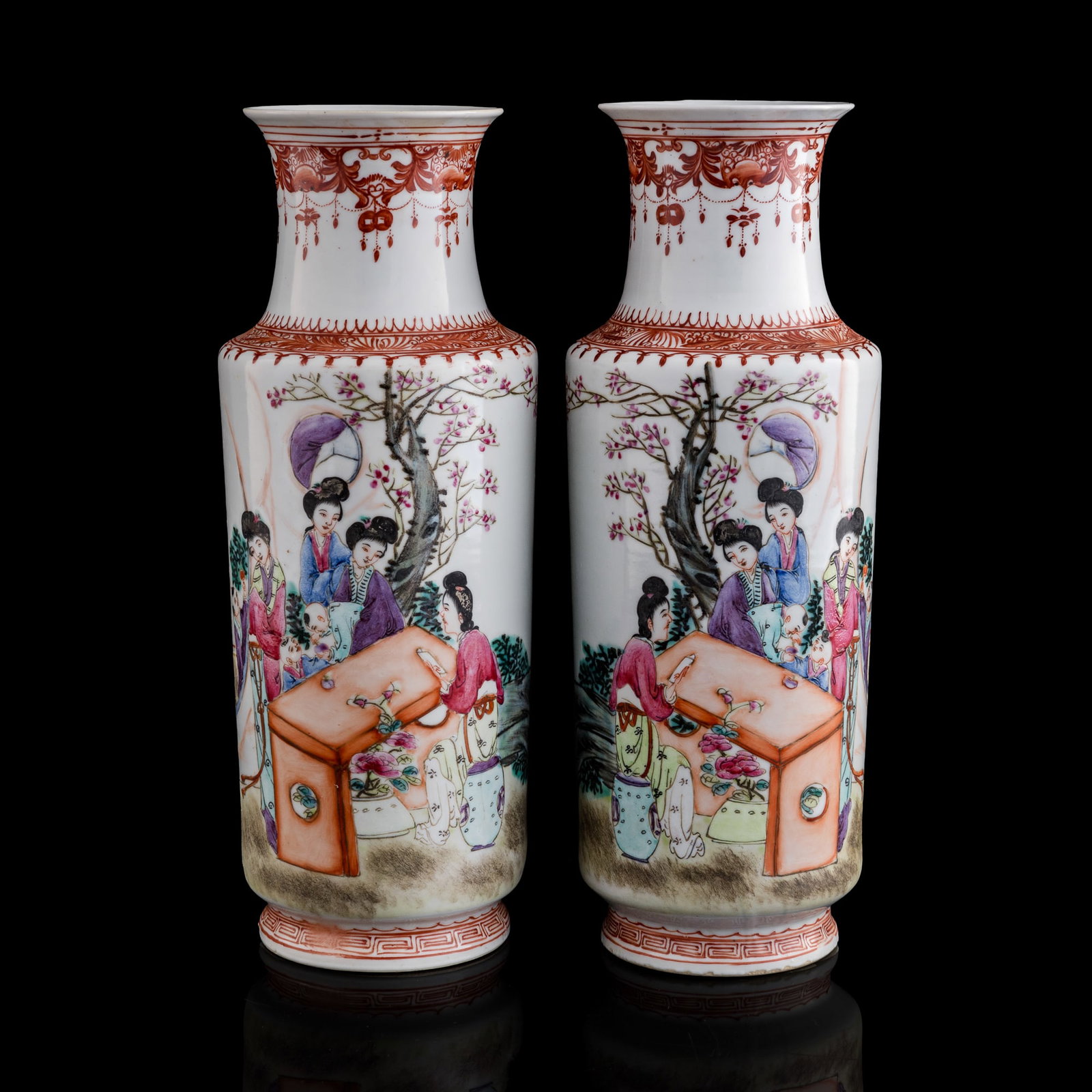A pair of Chinese famille rose 'court lady' vases, Republic period (1 of 10)