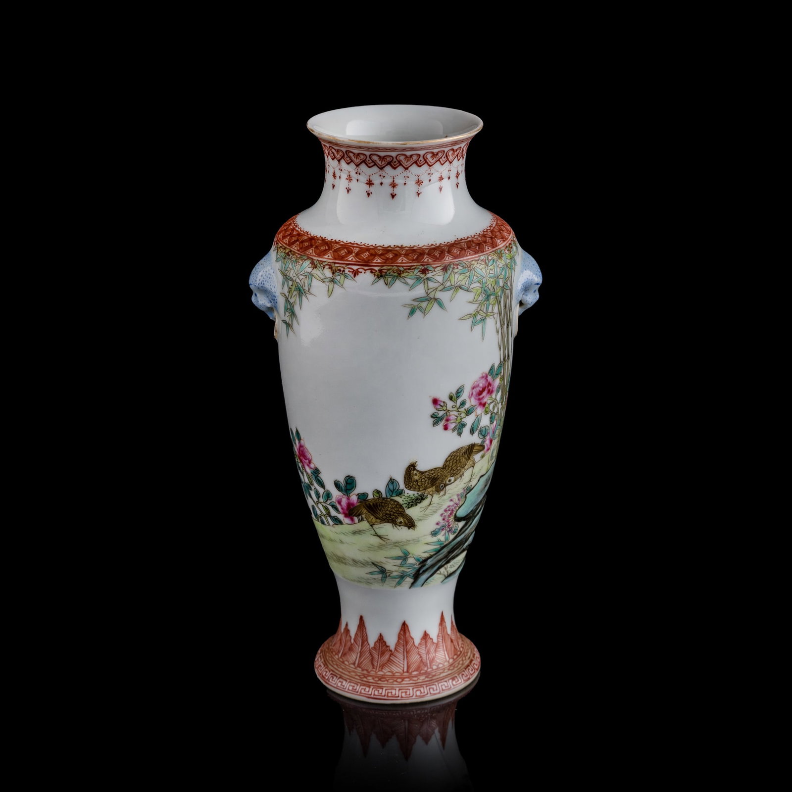 A Chinese famille rose 'flower and bird' beast-handled vase, Republic period: A Chinese famille rose 'flower and bird' beast-handled vase Republic period With four-character mark to underside. H: 8 3/4, W: 4 1/2, D: 3 7/8 in. (H: 22.2, W: 11.4, D: 9.8 cm.) Private collection, L