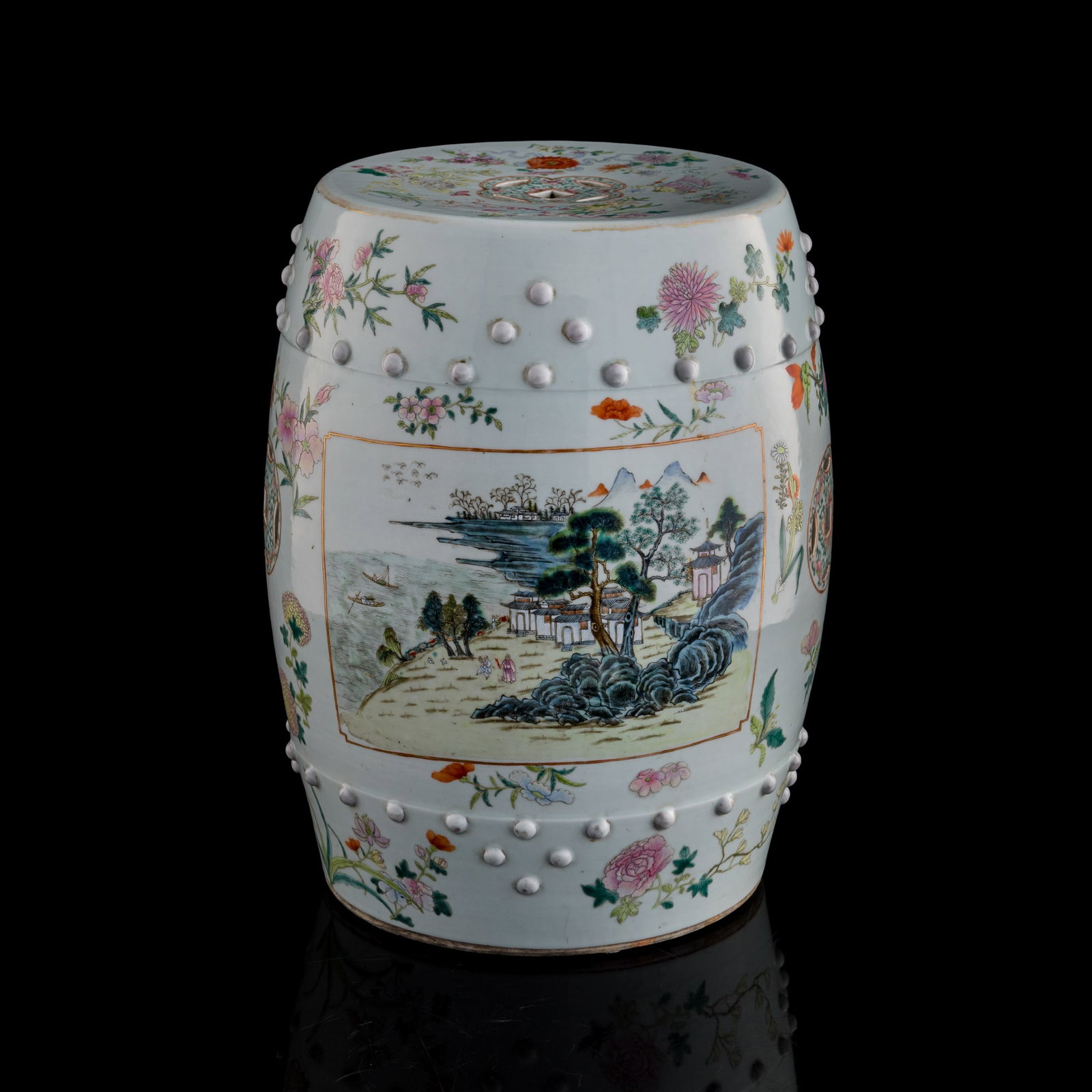 A Chinese famille rose 'flower' and 'landscape' drum-form garden stool, 19th century (1 of 10)