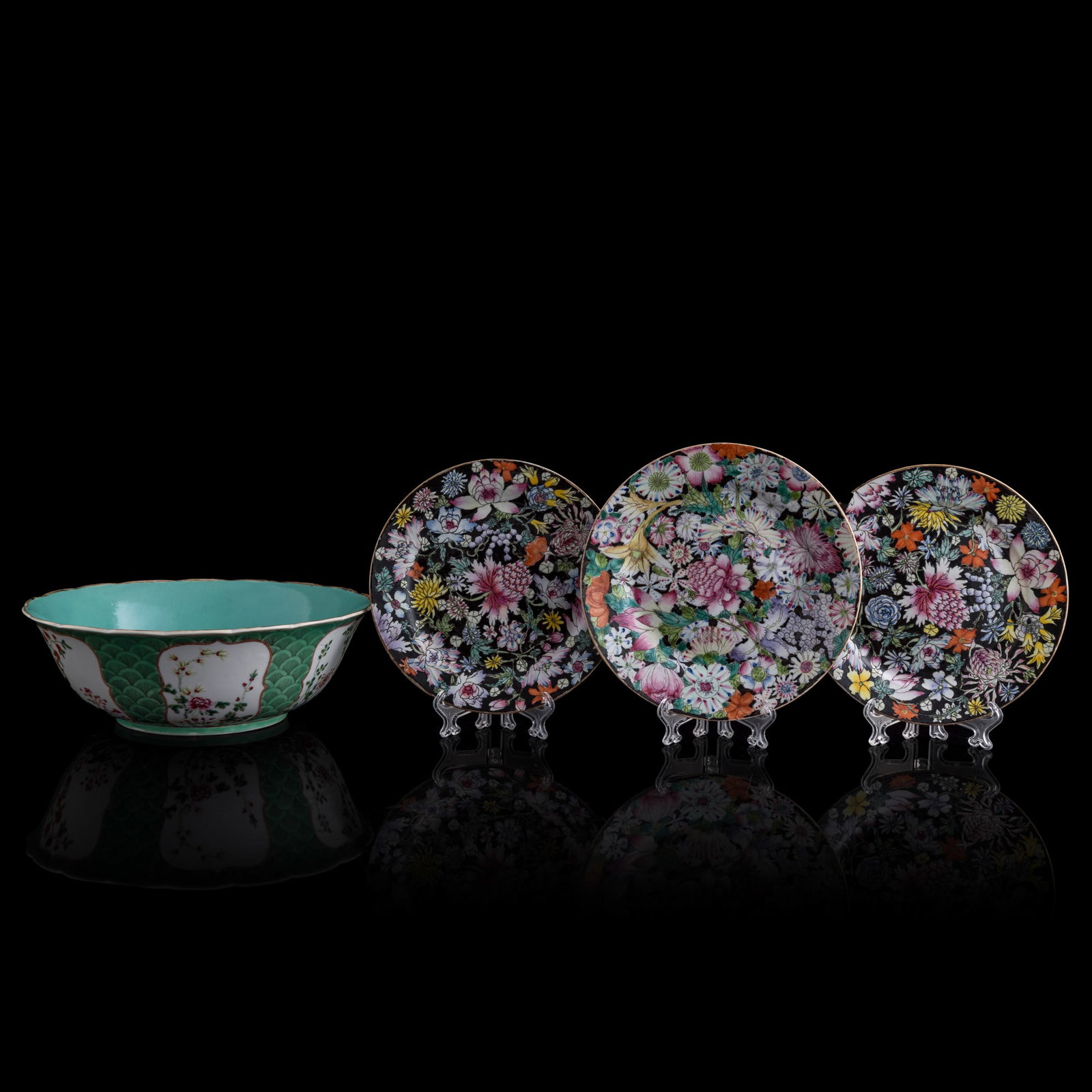 A Chinese famille rose bowl and three 'mille fleur' plates, Republic period: A Chinese famille rose bowl and three 'mille fleur' plates Republic period Each with six-character mark to underside. (4). H: 3 1/8, Dia: 9 1/8 in. (H: 7.9, Dia: 23.2 cm. (bowl)) Private collection, L