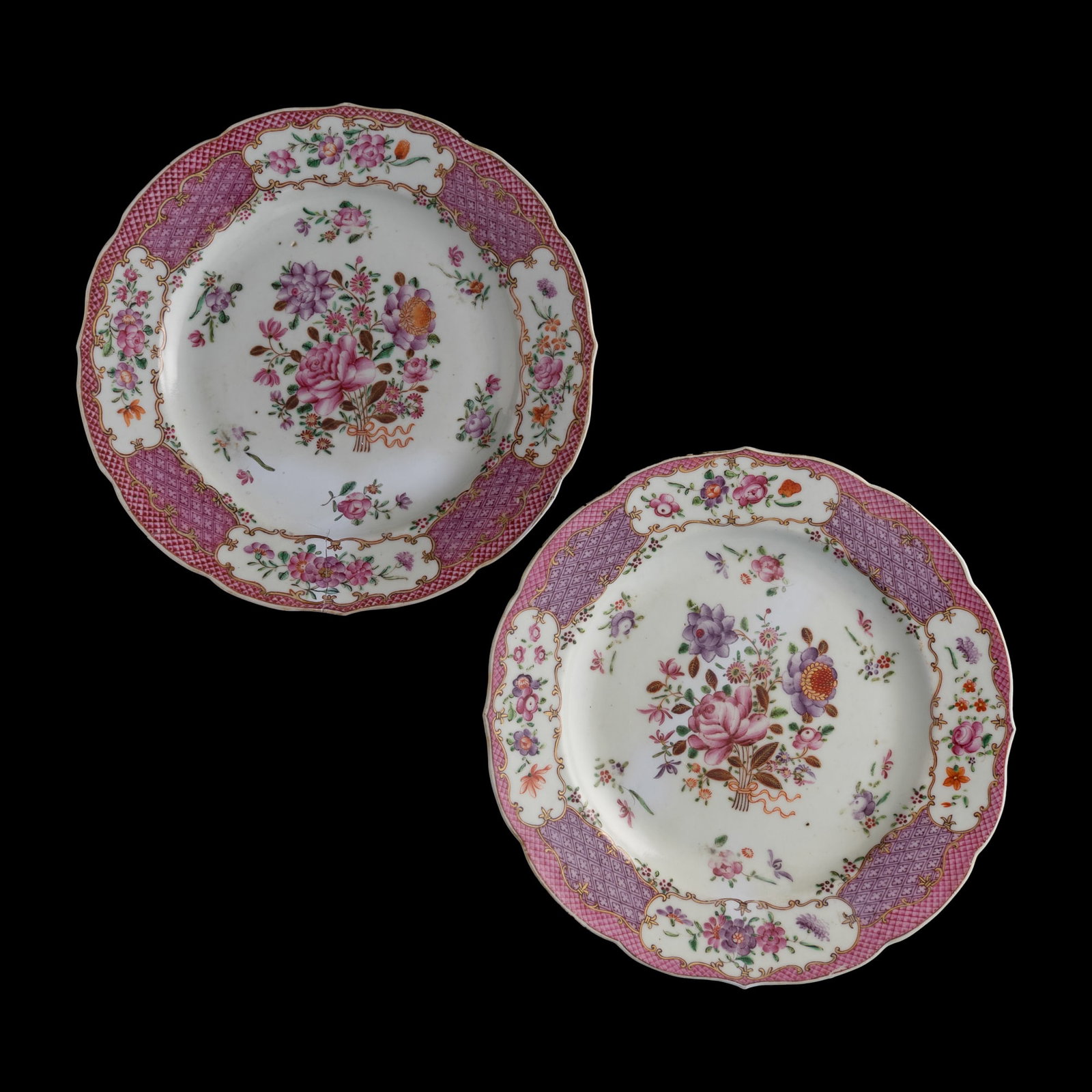 A pair of Chinese export famille rose 'floral' plates, 18th century: A pair of Chinese export famille rose 'floral' plates 18th century H: 1, Dia: 9 1/8 in. (H: 2.5, Dia: 23.2 cm. (each)) Private collection, Dallas, Texas. Cl