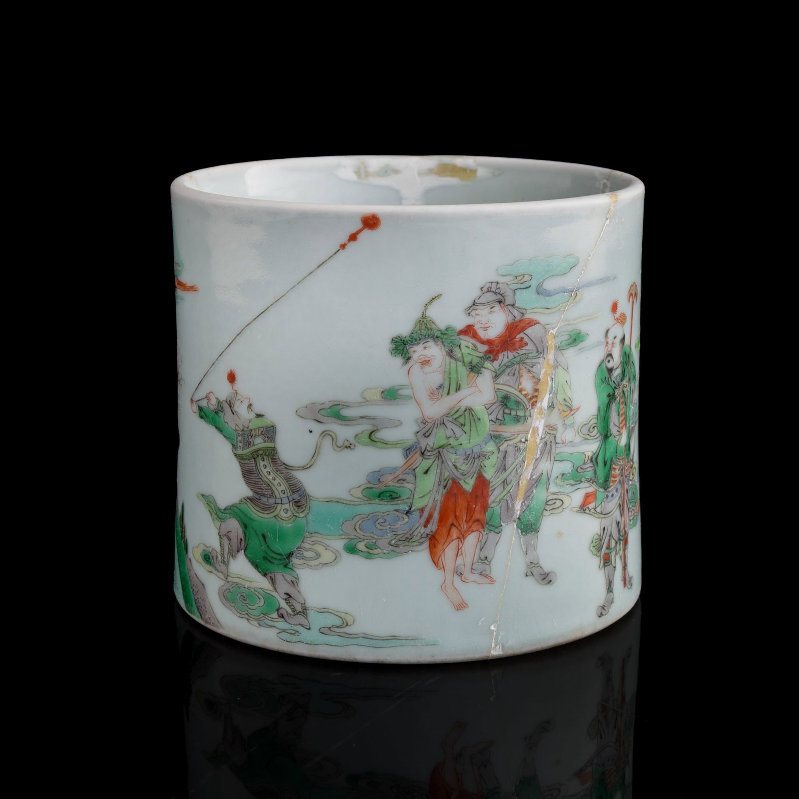A Chinese wucai 'figural' brushpot, Kangxi period, Qing dynasty (1 of 7)