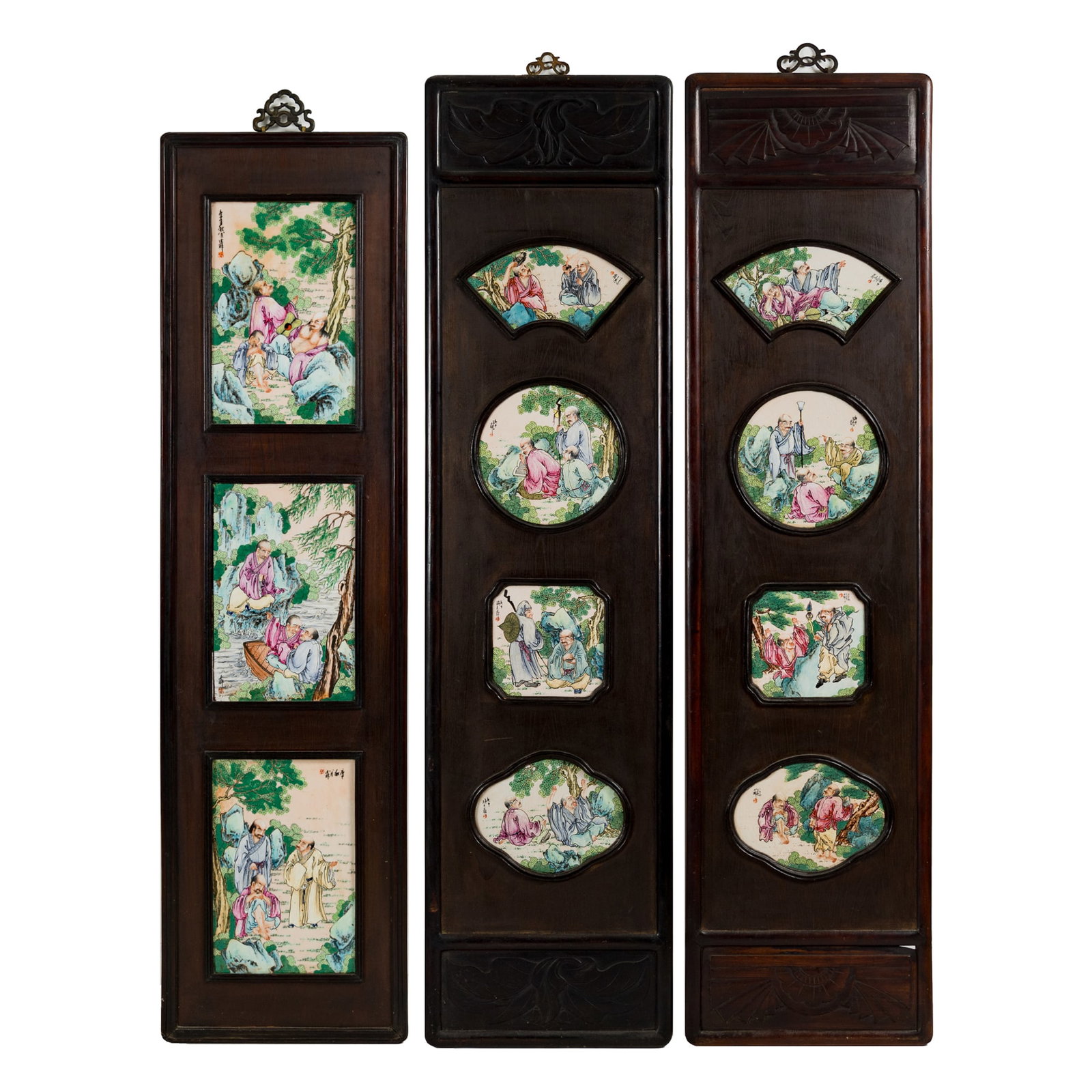 Three Chinese hardwood screens inset with famille rose porcelain plaques, Qing dynasty/Republic: Three Chinese hardwood screens inset with famille rose porcelain plaques Qing dynasty/Republic period Each plaque depicting various luohans in landscape settings. (3). Largest plaque: H: 14 3/4, W: 9 