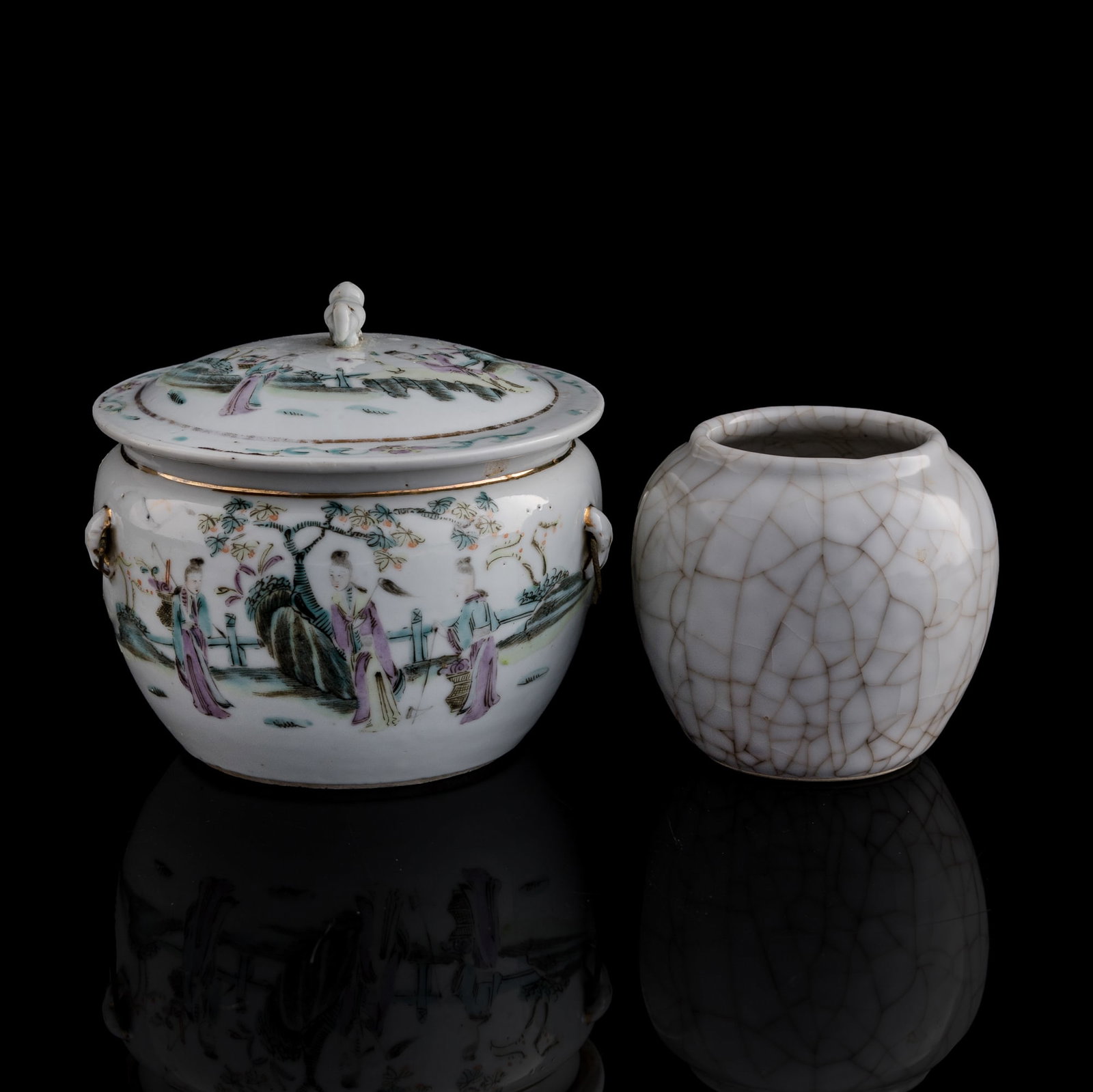 A Chinese famille rose 'figural' covered jar and a Ge-glazed jar, late 19th century: A Chinese famille rose 'figural' covered jar and a Ge-glazed jar late 19th century Largest with four-character mark to underside. (2). H: 4 5/8, Dia: 5 1/2 in. (H: 8.9, Dia: 14 cm. (largest)) Private 