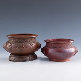Two Chinese persimmon-glazed pottery censers, Qing dynasty