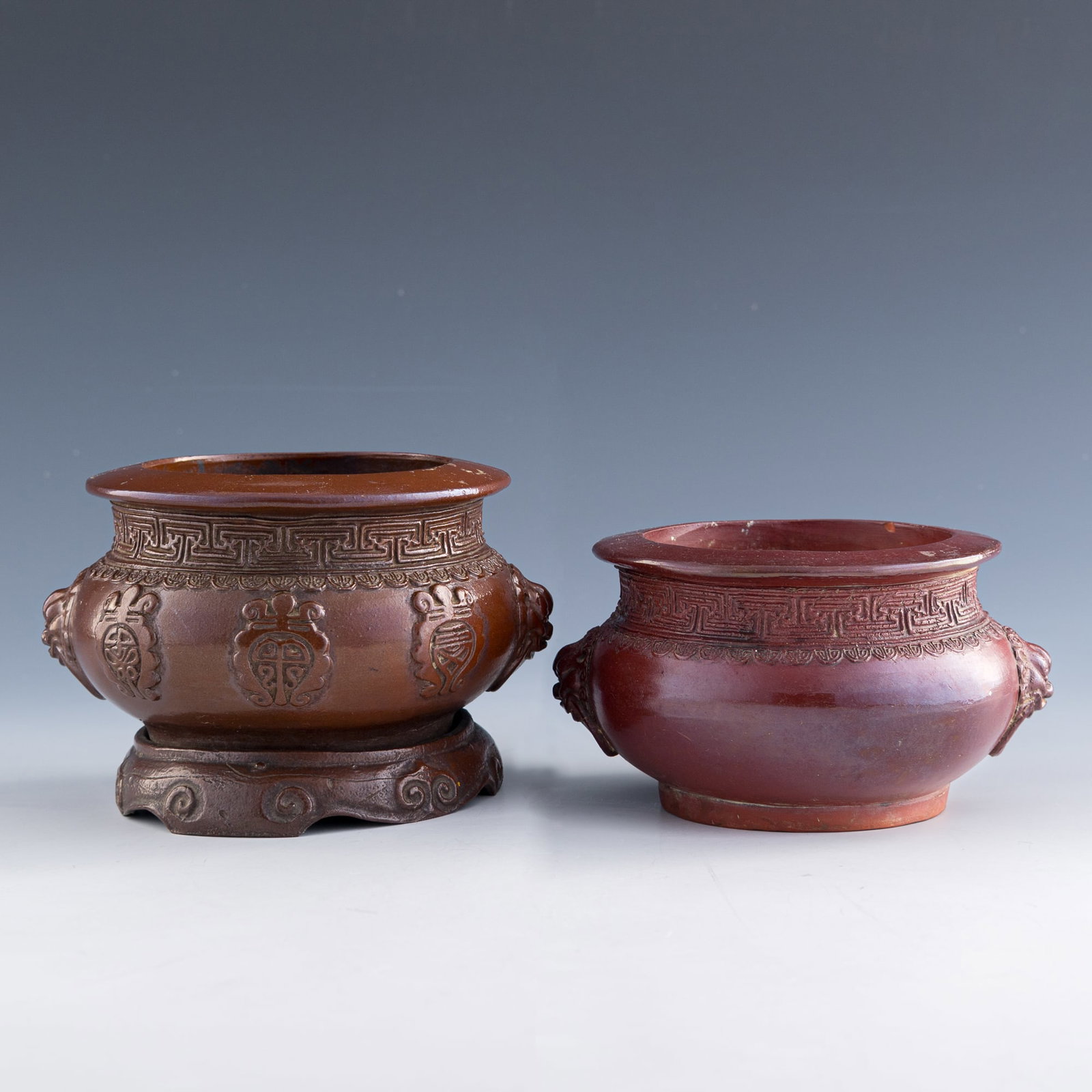 Two Chinese persimmon-glazed pottery censers, Qing dynasty (1 of 9)