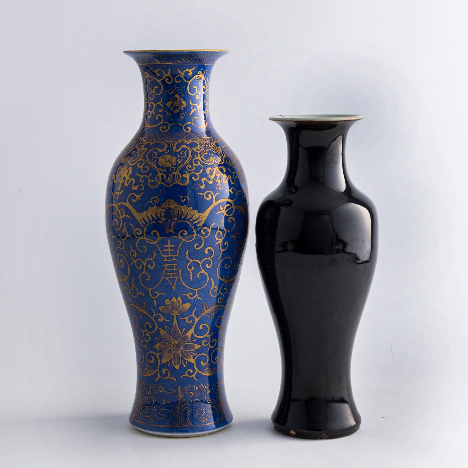 A Chinese mirror-black-glazed vase and a gilt and sacrificial-blue-glazed vase, 19th century (1 of 7)
