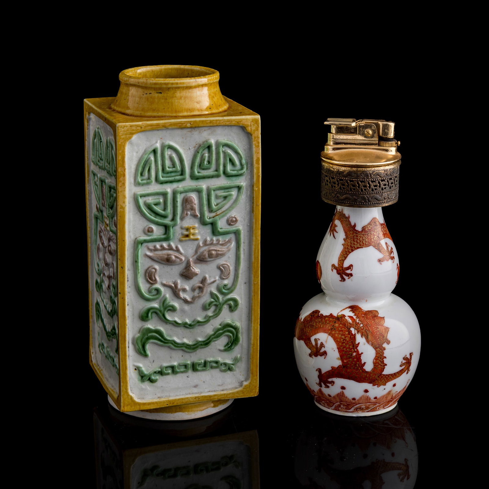 A Chinese sancai cong-form vase and an iron red double-gourd vase, Qing dynasty/Republic period (1 of 11)