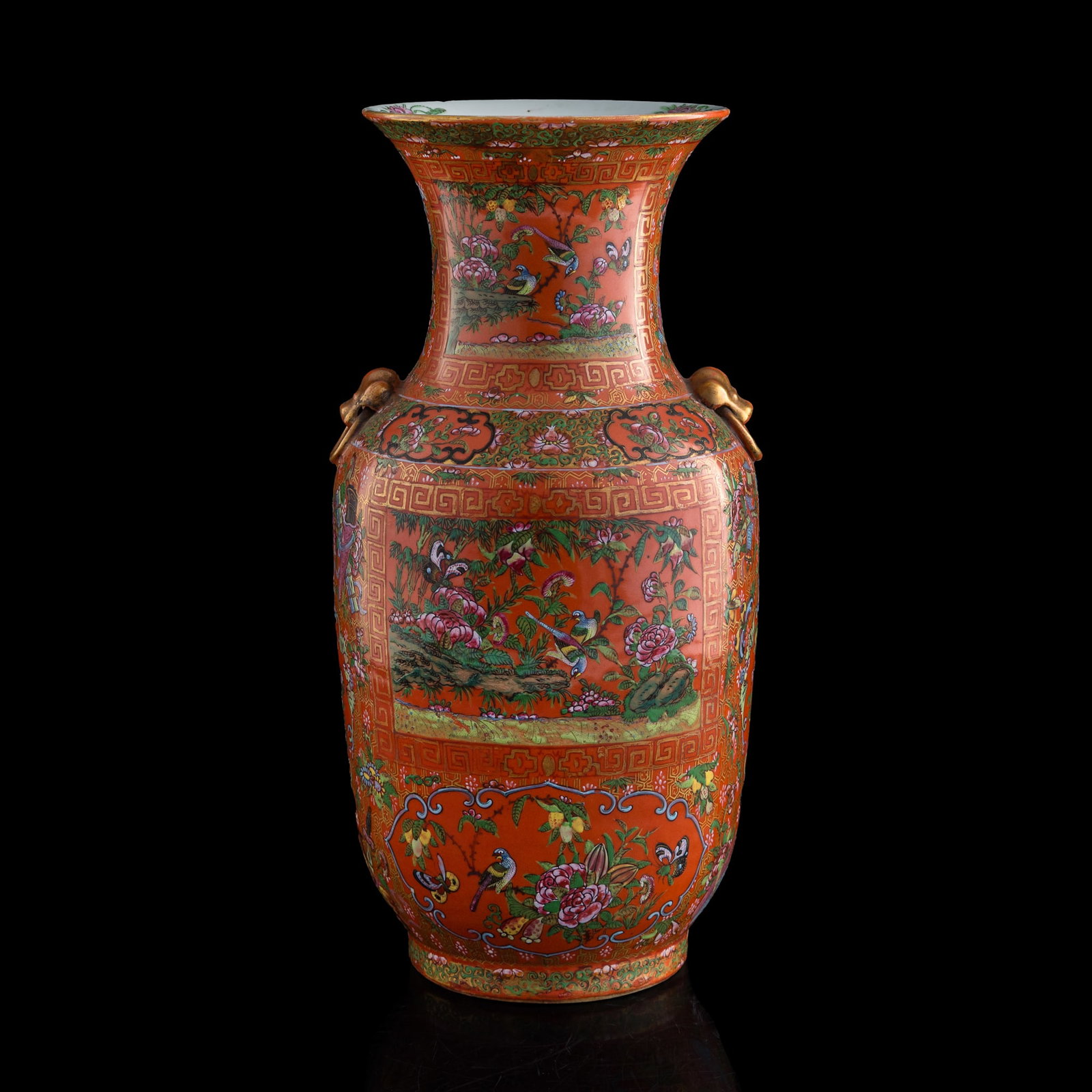 A Chinese Canton famille rose 'flower and bird' mask-handled vase, 19th century: A Chinese Canton famille rose 'flower and bird' mask-handled vase 19th century H: 17 1/2, Dia: 9 in. (H: 44.5, Dia: 22.9 cm.) Private collection, Rowland Heights, California. Private collection, Penns