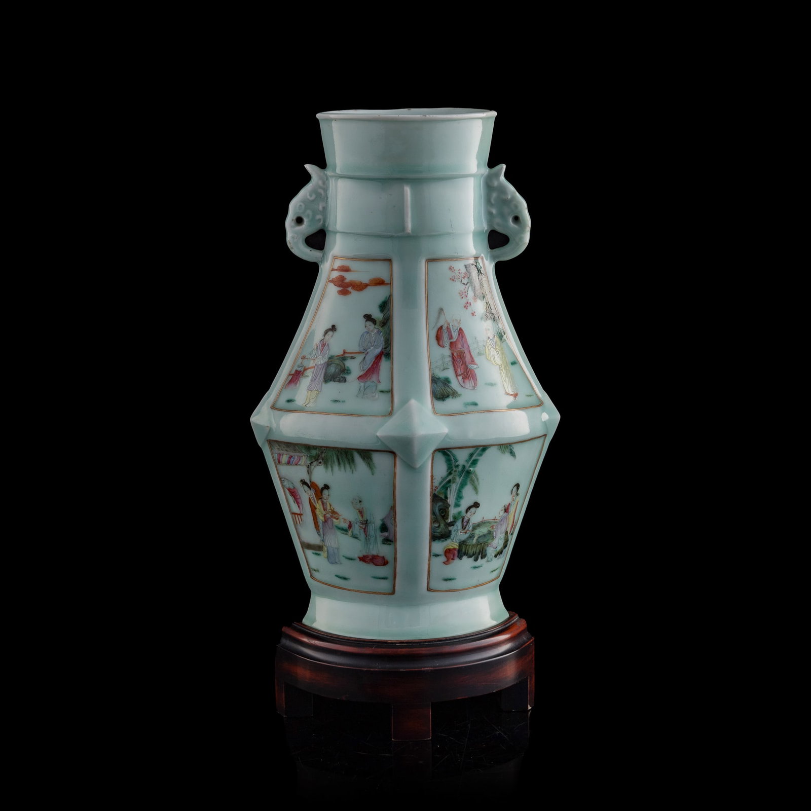 A Chinese celadon and famille rose 'figural' vase, late 19th century: A Chinese celadon and famille rose 'figural' vase late 19th century With six-character mark to underside. Sold with associated wooden stand. H: 13 3/4, W: 8 1/4, D: 6 1/2 in. (H: 34.9, W: 21, D: 16.5 