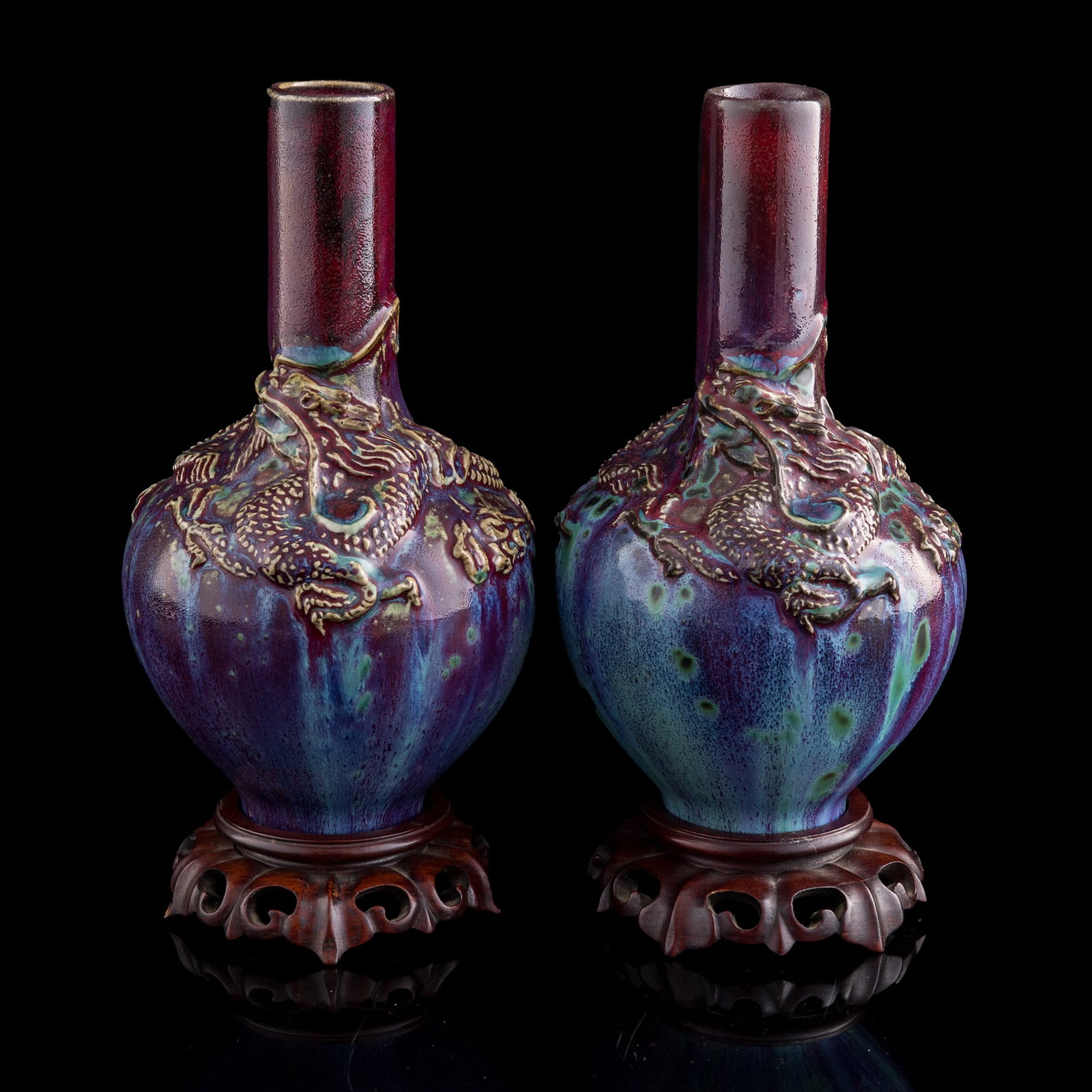 A pair of Chinese flambe 'dragon' tianqiu vases, 19th century (1 of 9)