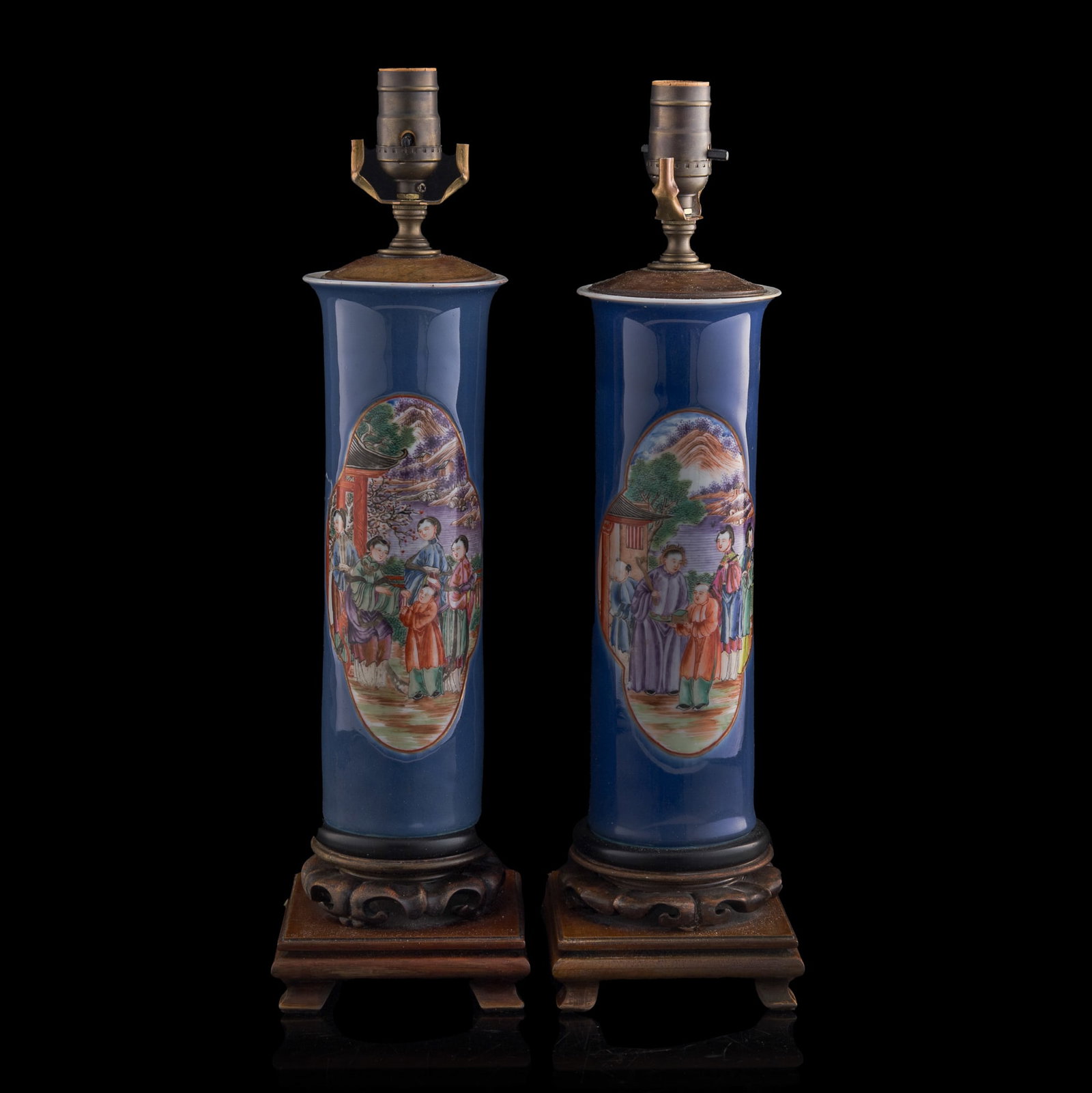 A pair of Chinese powder blue and rose mandarin gu vase lamps, 19th century: A pair of Chinese powder blue and rose mandarin gu vase lamps 19th century Vase: H: 11 3/4, Dia: 4 1/2 in. (H: 29.8, Dia: 11.4 cm. (each, approx.)) Overall height: 19 1/2 in. (49.5 cm. (each)) Private