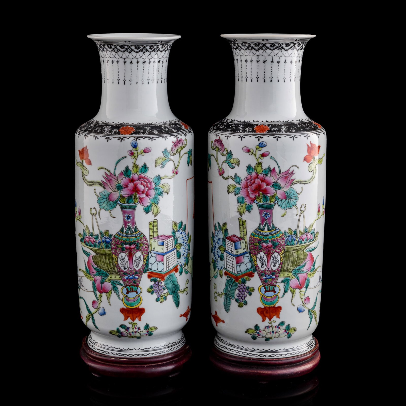A pair of Chinese famille rose 'hundred antiques' vases, Republic period (1 of 10)