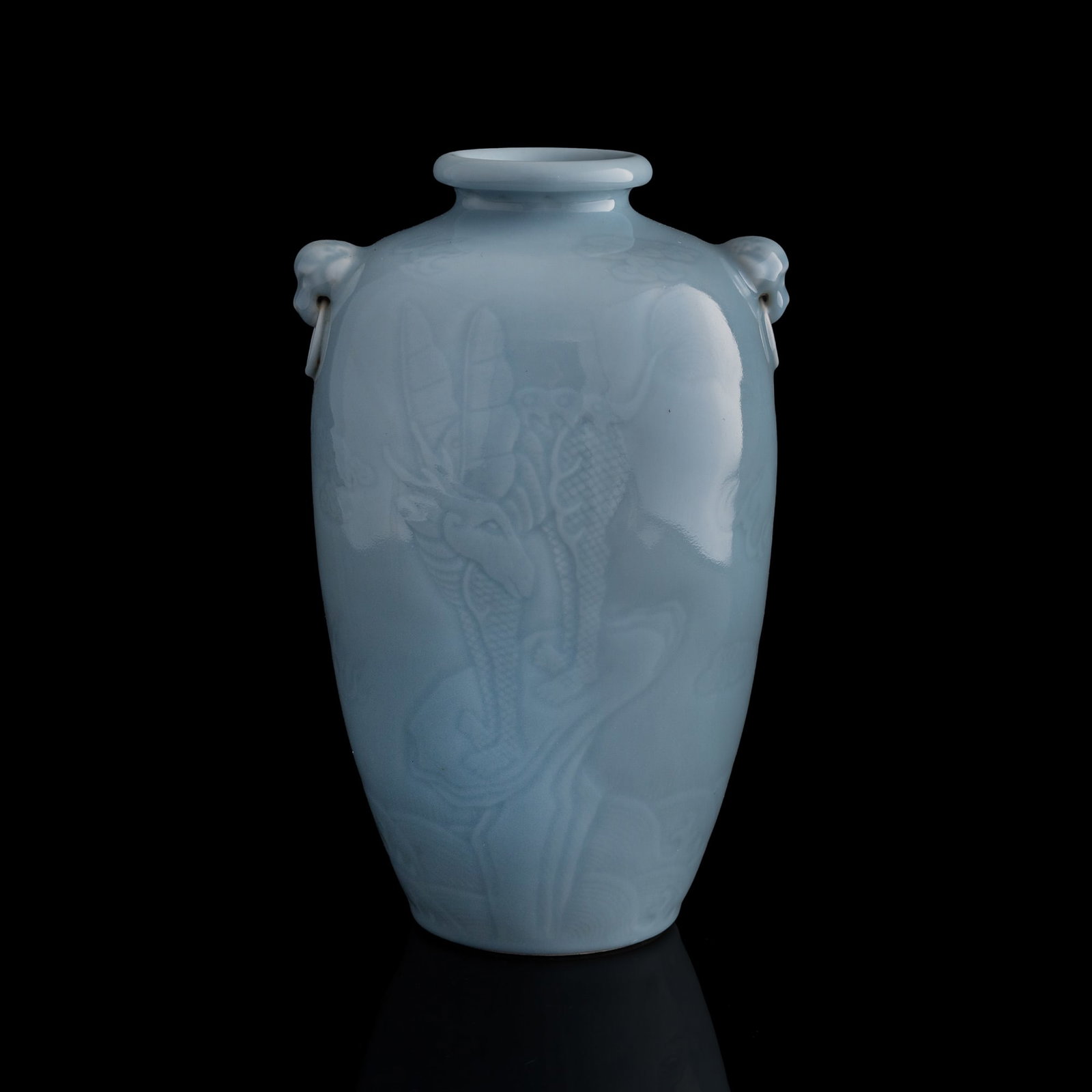 A Chinese clair-de-lune 'beast' handled vase, Republic period: A Chinese clair-de-lune 'beast' handled vase Republic period With six-character mark to underside. H: 11 1/8, Dia: 6 5/8 in. (H: 28.3, Dia: 16.8 cm.) Private collection, New York.