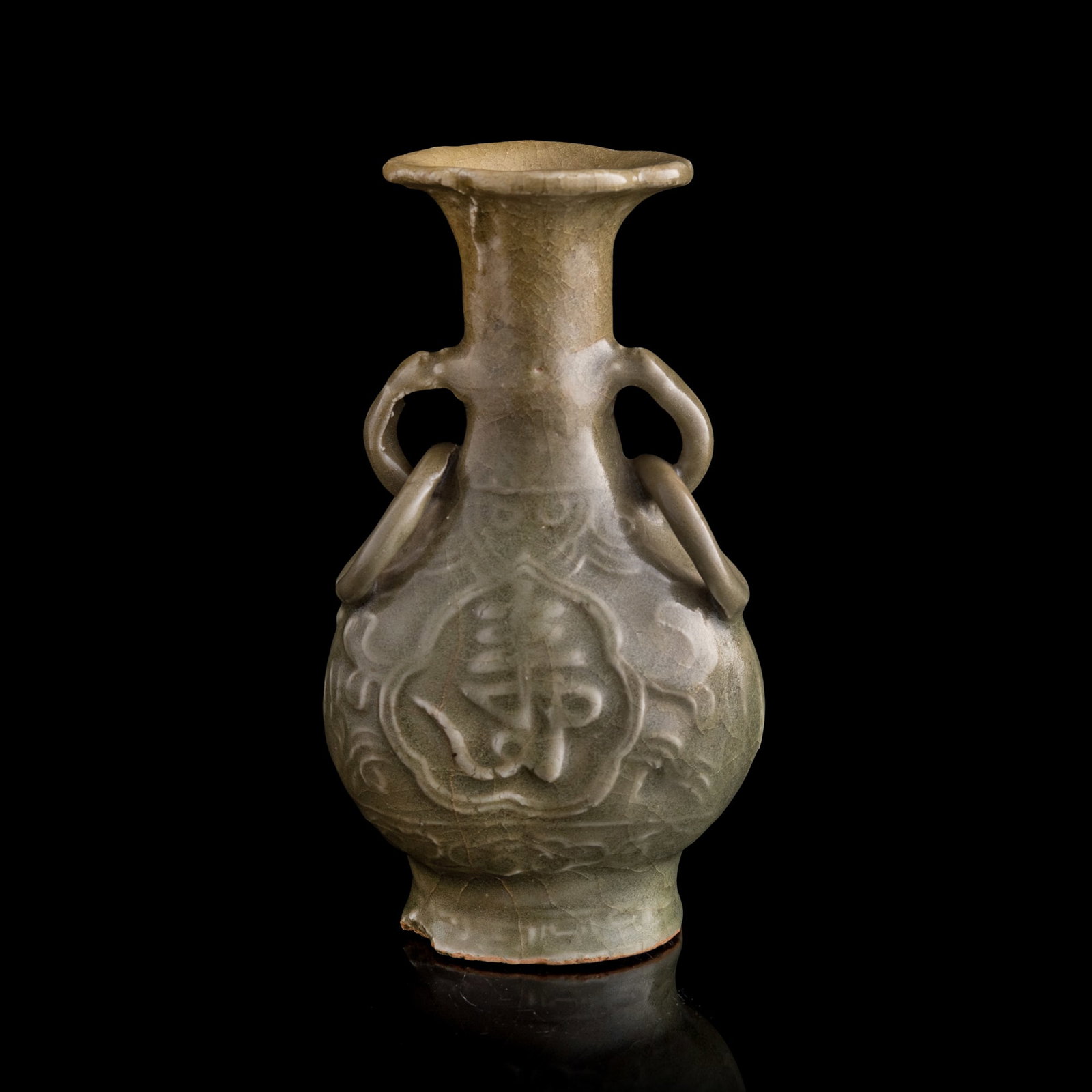 A Chinese Longquan celadon 'shou' double-ring-handled vase, Yuan dynasty (1 of 10)