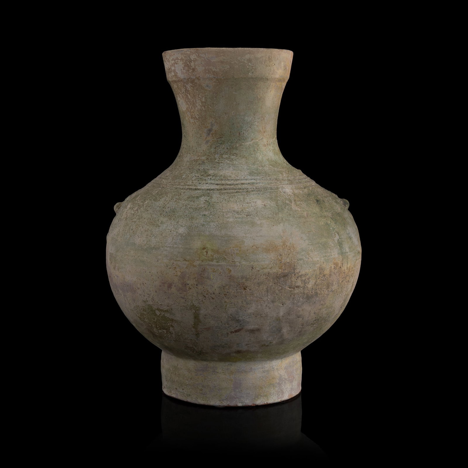 A Chinese green-glazed pottery hu with mask-and-ring handles, Han dynasty (1 of 8)