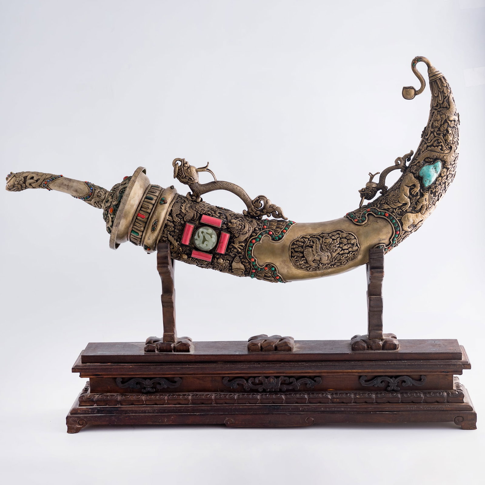 A Mongolian silver-plated copper knife inset with jade and hardstones, 1950s-1970s (1 of 18)