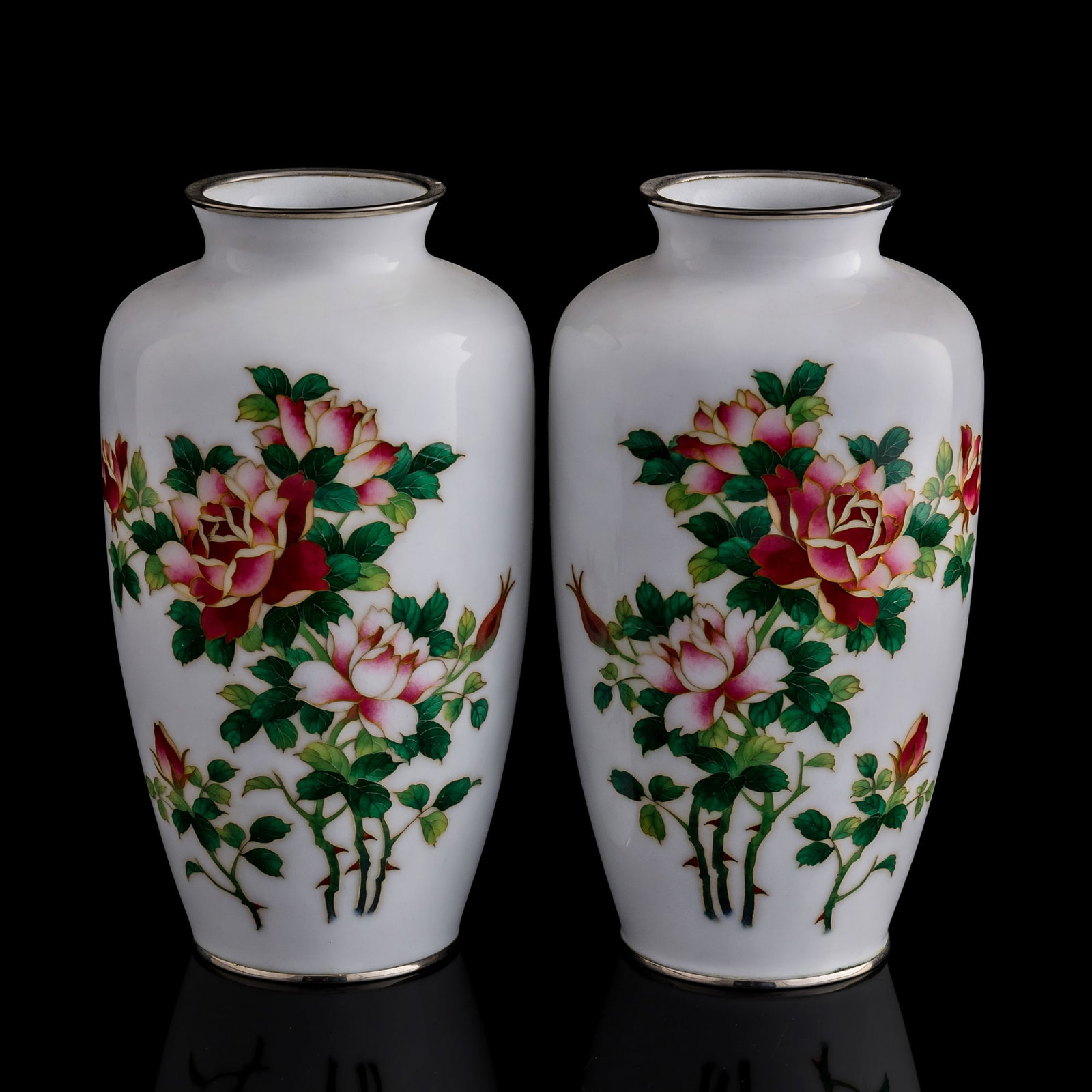 A pair of Japanese silver-bodied cloisonne 'floral' vases, Meiji period (1 of 8)