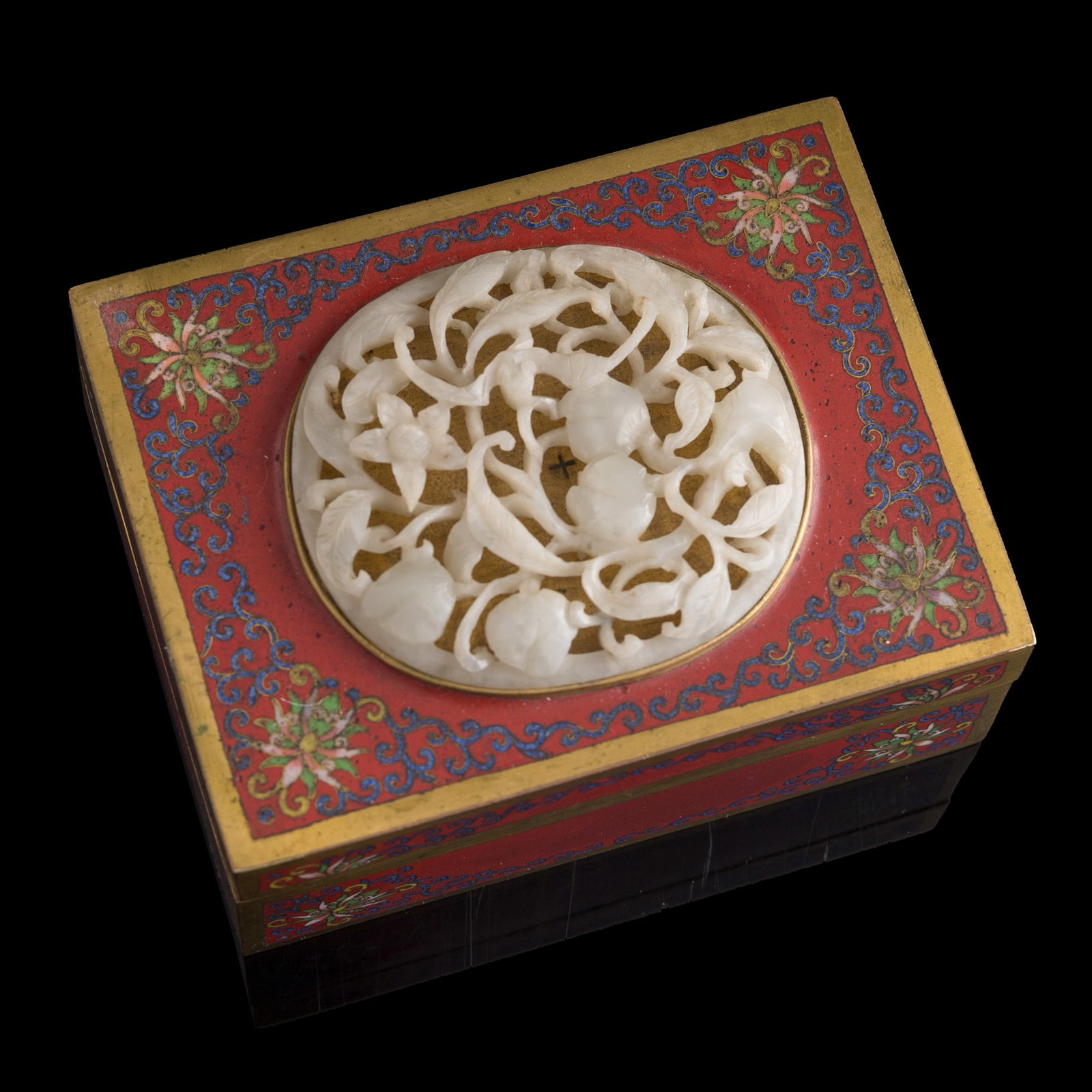 A Chinese cloisonne box inset with a Qing dynasty white jade plaque, Republic period (1 of 8)